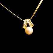 Vintage 14K Pearl Solitaire Diamond Accent Pendant, Yellow Gold (8) Diamond Pave Ribbon Setting, Dainty 585 Pendant, Elegant, 16 1/2" Long