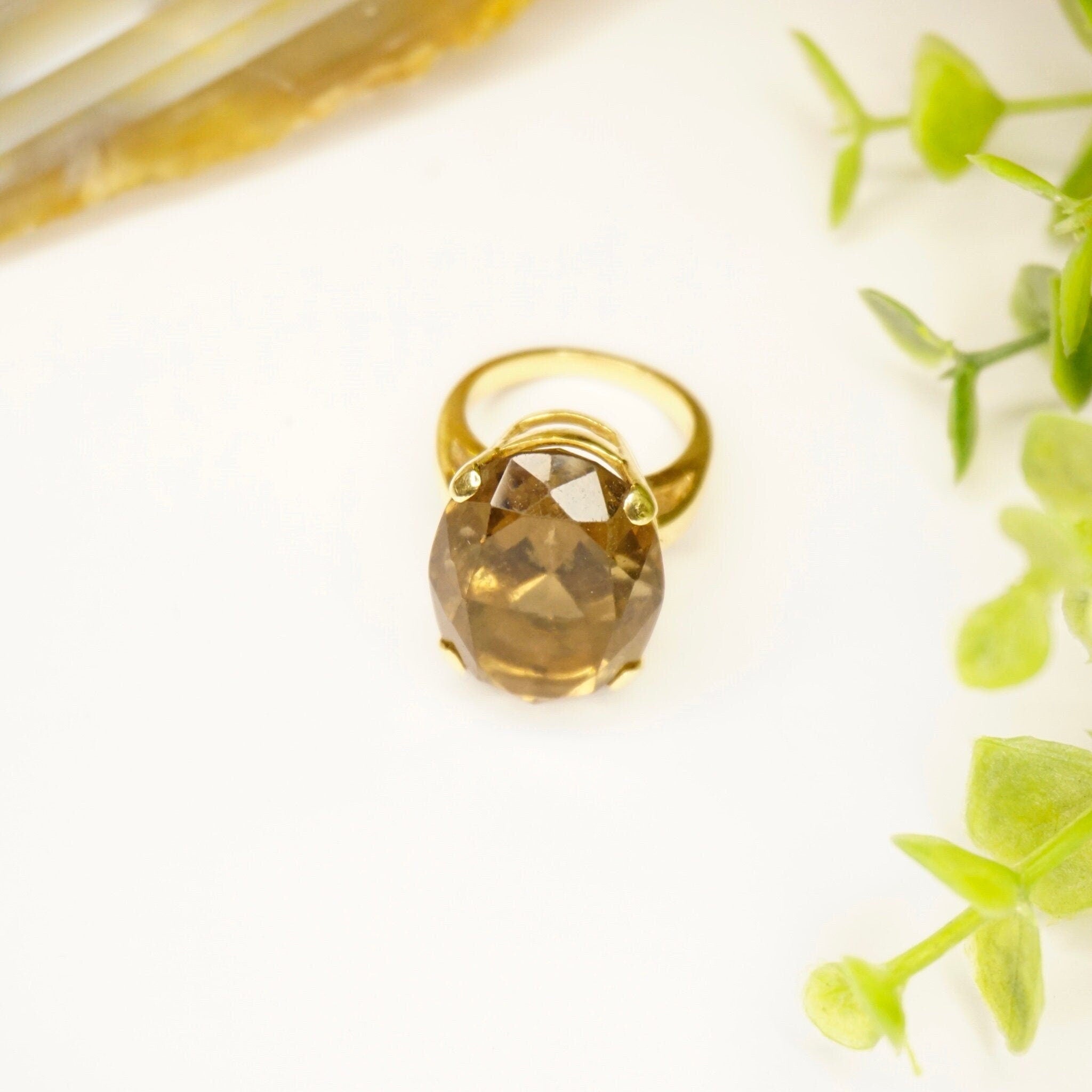 Vintage 14K Gold Smoky Quartz Cocktail Ring, Beautiful Raised Stone Gold Ring, Oval Cut Smoky Quartz Estate Ring, 14K Gold Jewelry