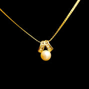 Vintage 14K Pearl Solitaire Diamond Accent Pendant, Yellow Gold (8) Diamond Pave Ribbon Setting, Dainty 585 Pendant, Elegant, 16 1/2" Long