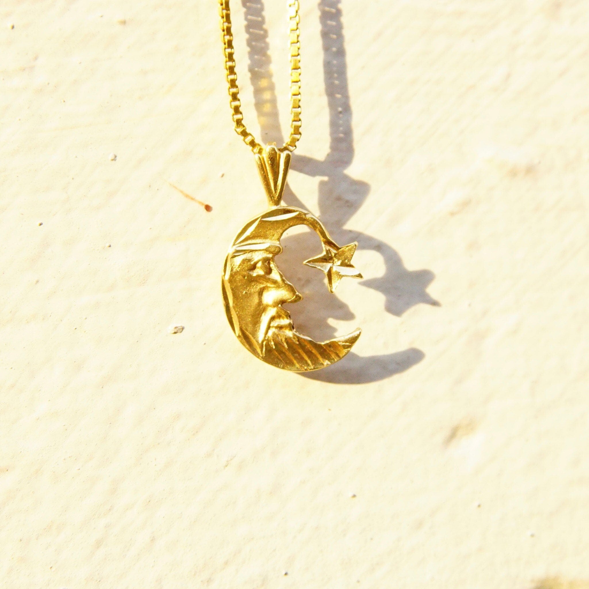 Vintage 14K Yellow Gold Crescent Moon & Star Charm, Small Hammered Gold Pendant, Celestial Moon Man Charm, 585 Jewelry,  7/8 L x 1/2 W