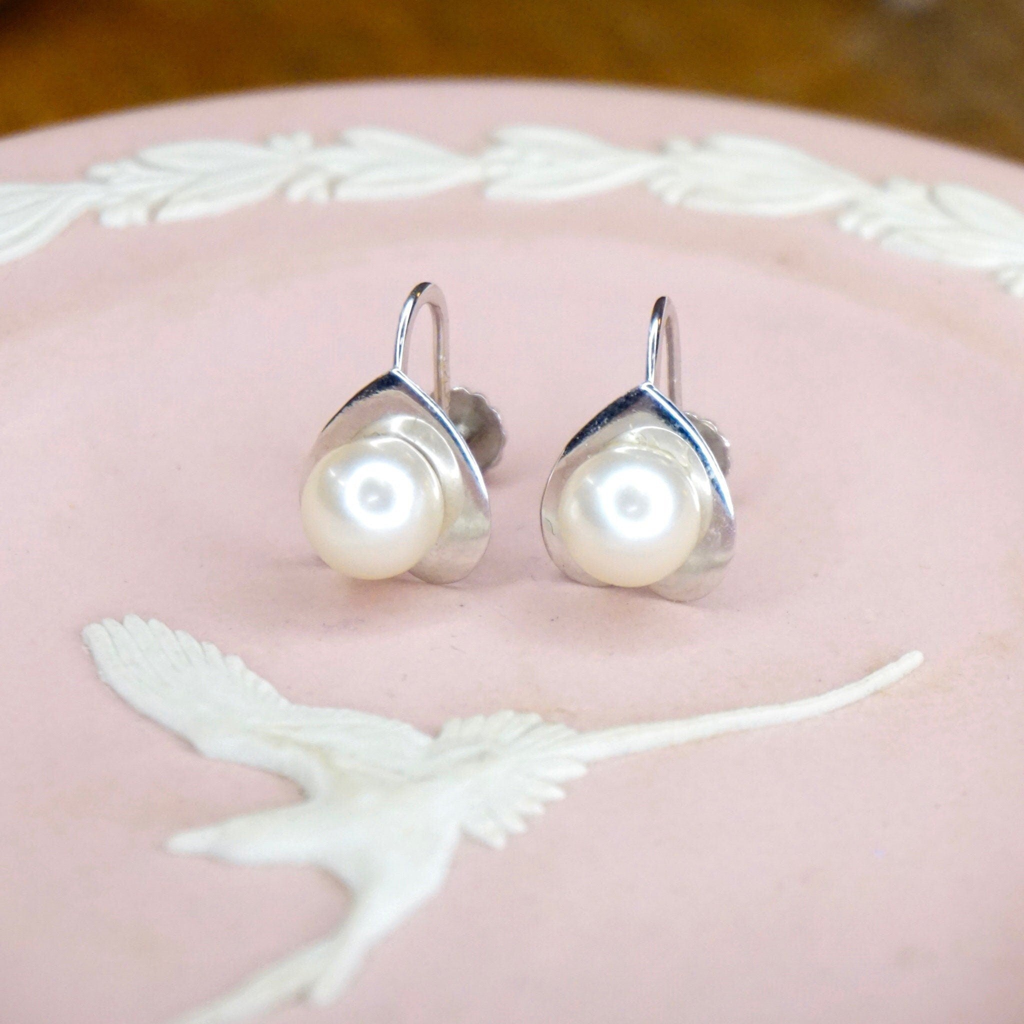 14k White Gold Pearl Heart Screw Back Earrings, Cute Small Gold Earrings With Genuine Pearl, 14k Jewelry