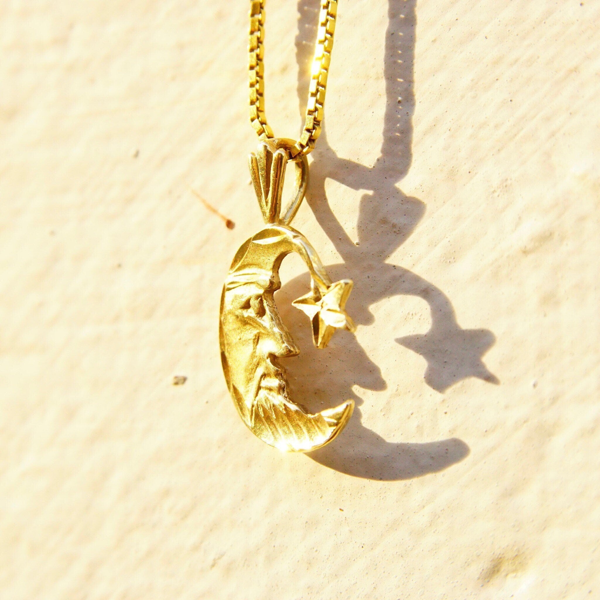 Vintage 14K Yellow Gold Crescent Moon & Star Charm, Small Hammered Gold Pendant, Celestial Moon Man Charm, 585 Jewelry,  7/8 L x 1/2 W