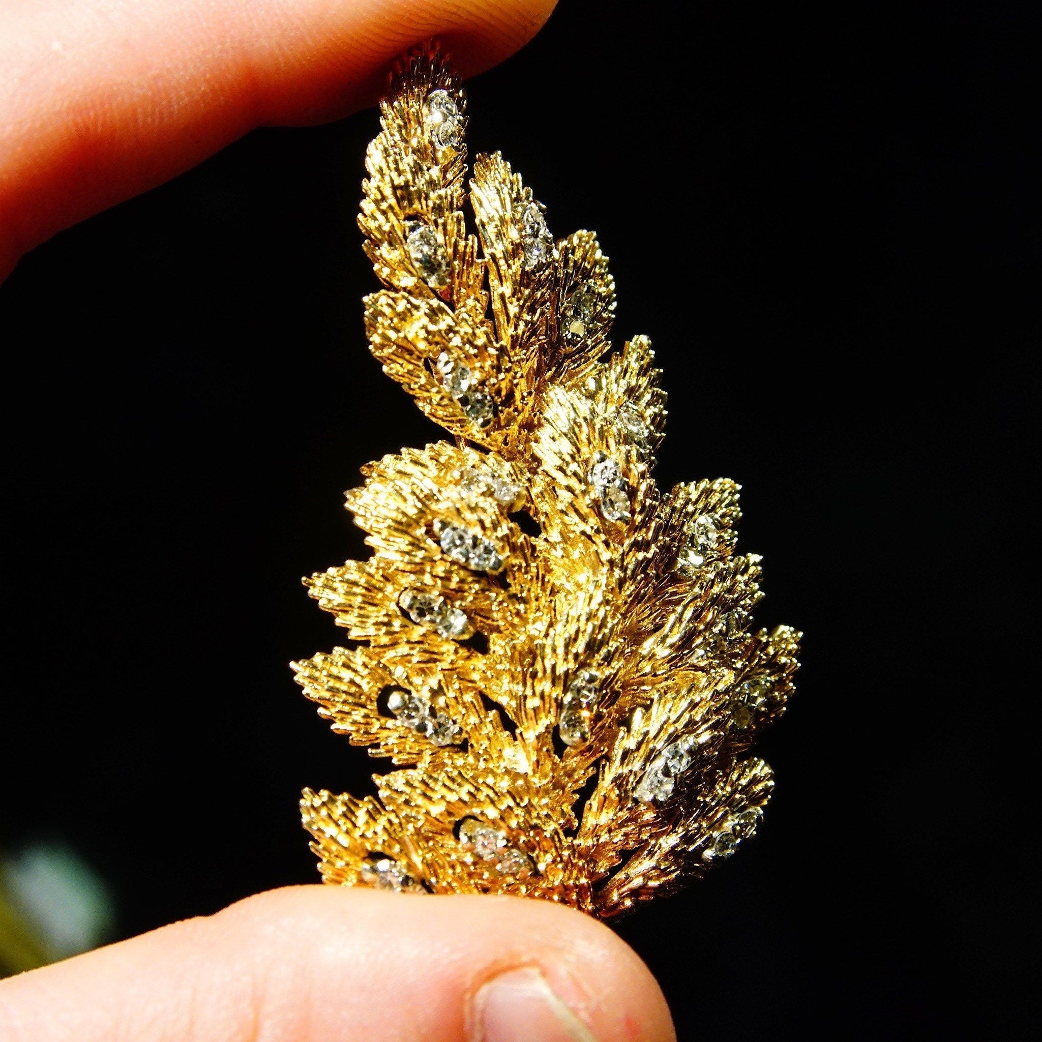 Vintage 14K Yellow Gold Diamond Conifer Tree Brooch, Textured Gold Pine Tree With 38 Dazzling Diamonds, 1.9 TCW, 2 3/8 L x 1 1/2 W