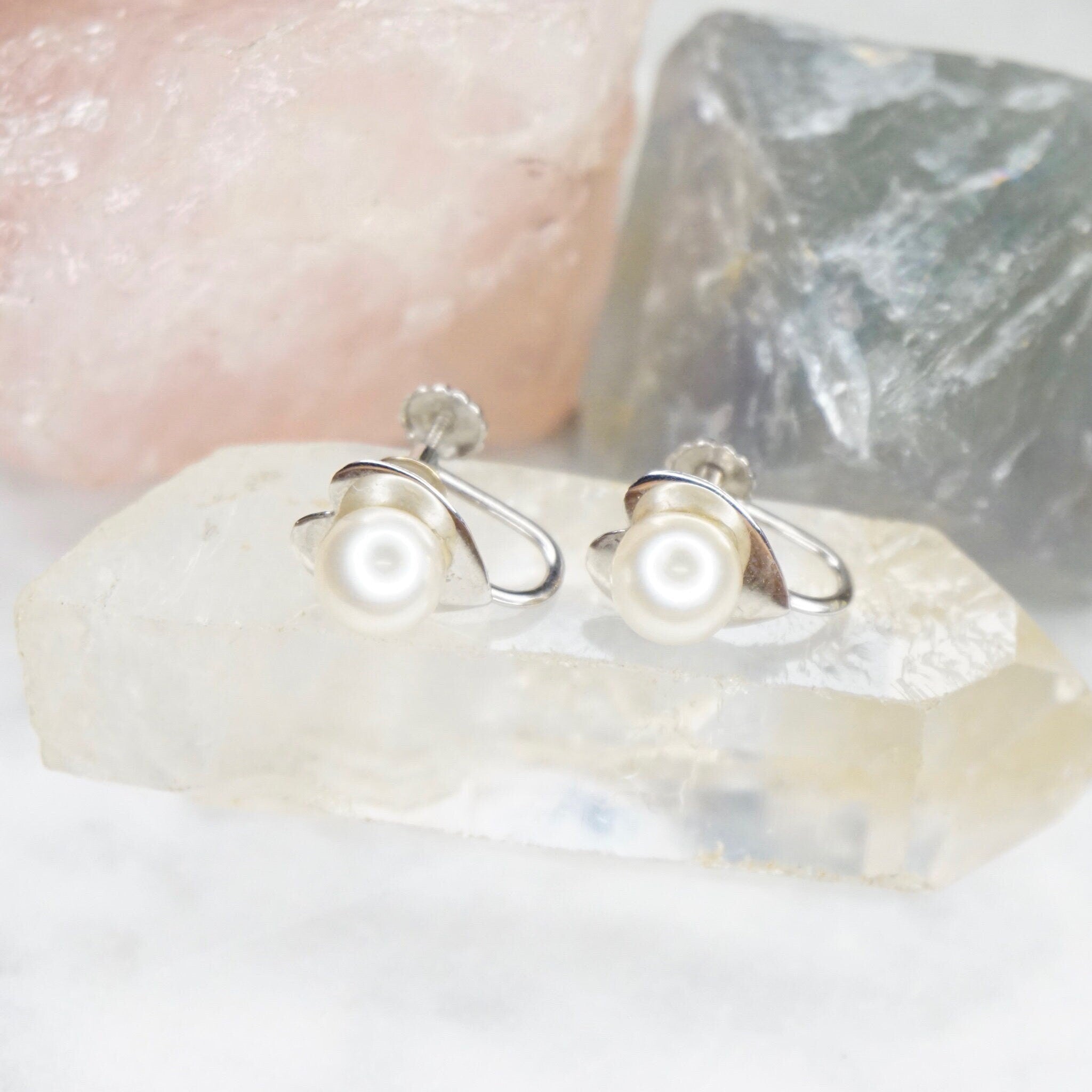 14k White Gold Pearl Heart Screw Back Earrings, Cute Small Gold Earrings With Genuine Pearl, 14k Jewelry