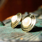 Vintage 14k Yellow Gold Pearl Halo Stud Earring, 6.35mm Cultured Pearl Earrings, Tiered Riveted Gold Stud Earrings, Elegant, 9/16"