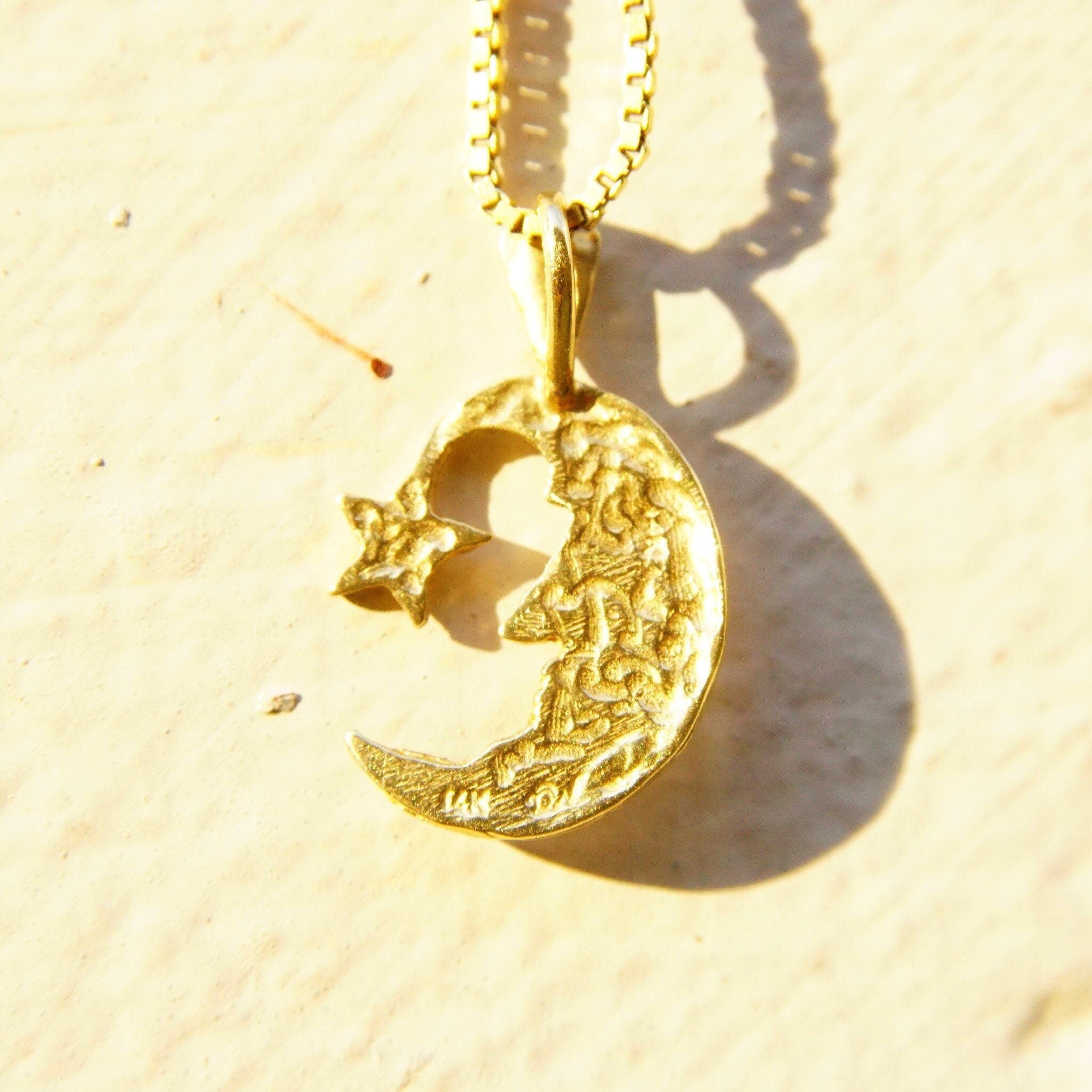 Vintage 14K Yellow Gold Crescent Moon & Star Charm, Small Hammered Gold Pendant, Celestial Moon Man Charm, 585 Jewelry,  7/8 L x 1/2 W