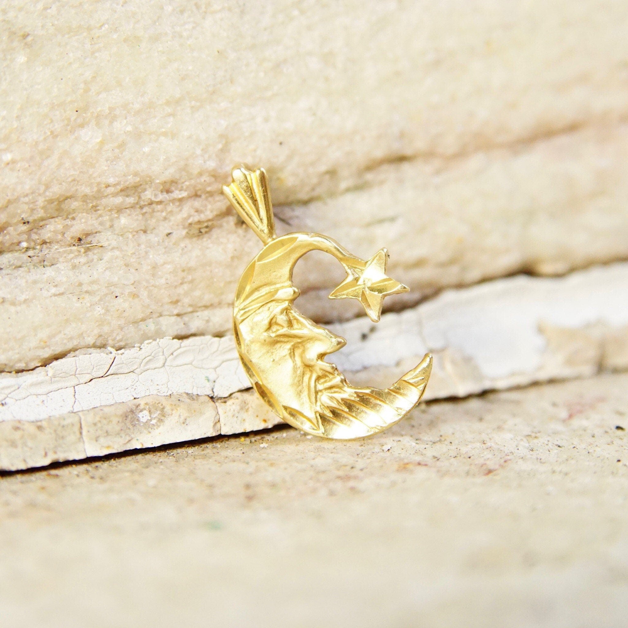 Vintage 14K Yellow Gold Crescent Moon & Star Charm, Small Hammered Gold Pendant, Celestial Moon Man Charm, 585 Jewelry,  7/8 L x 1/2 W