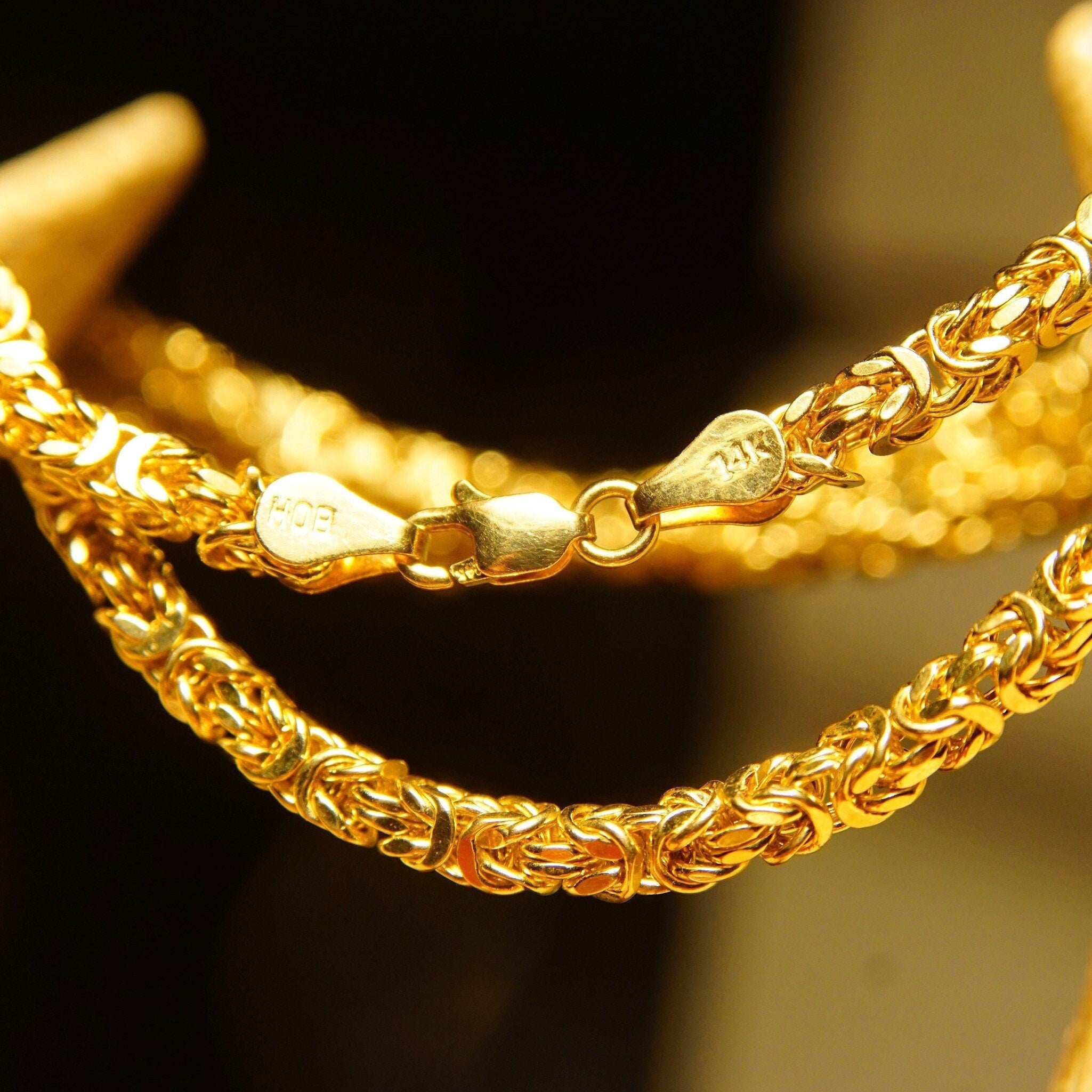 Vintage 14K Yellow Gold Byzantine Chain Necklace, 4mm Thick, Hollow Links, Voluminous Lightweight Chain, 585 HOB, 18" L