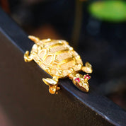 Vintage 14K Yellow Gold Ruby Eyed Turtle Brooch, Cute Turtle Pin With Small Ruby Gemstones, Animal Jewelry, 585