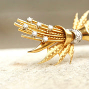 Vintage 18K Gold & Diamond Spray Brooch Pin, 1.5 TWC, Brilliant Cut, Textured Yellow Gold Bow Pin, Diamond Encrusted, Art Deco Jewelry