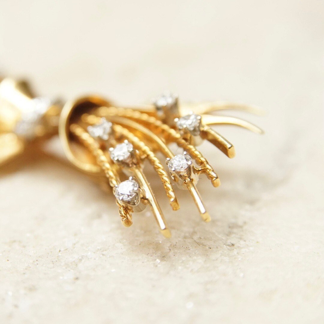 Vintage 18K Gold & Diamond Spray Brooch Pin, 1.5 TWC, Brilliant Cut, Textured Yellow Gold Bow Pin, Diamond Encrusted, Art Deco Jewelry