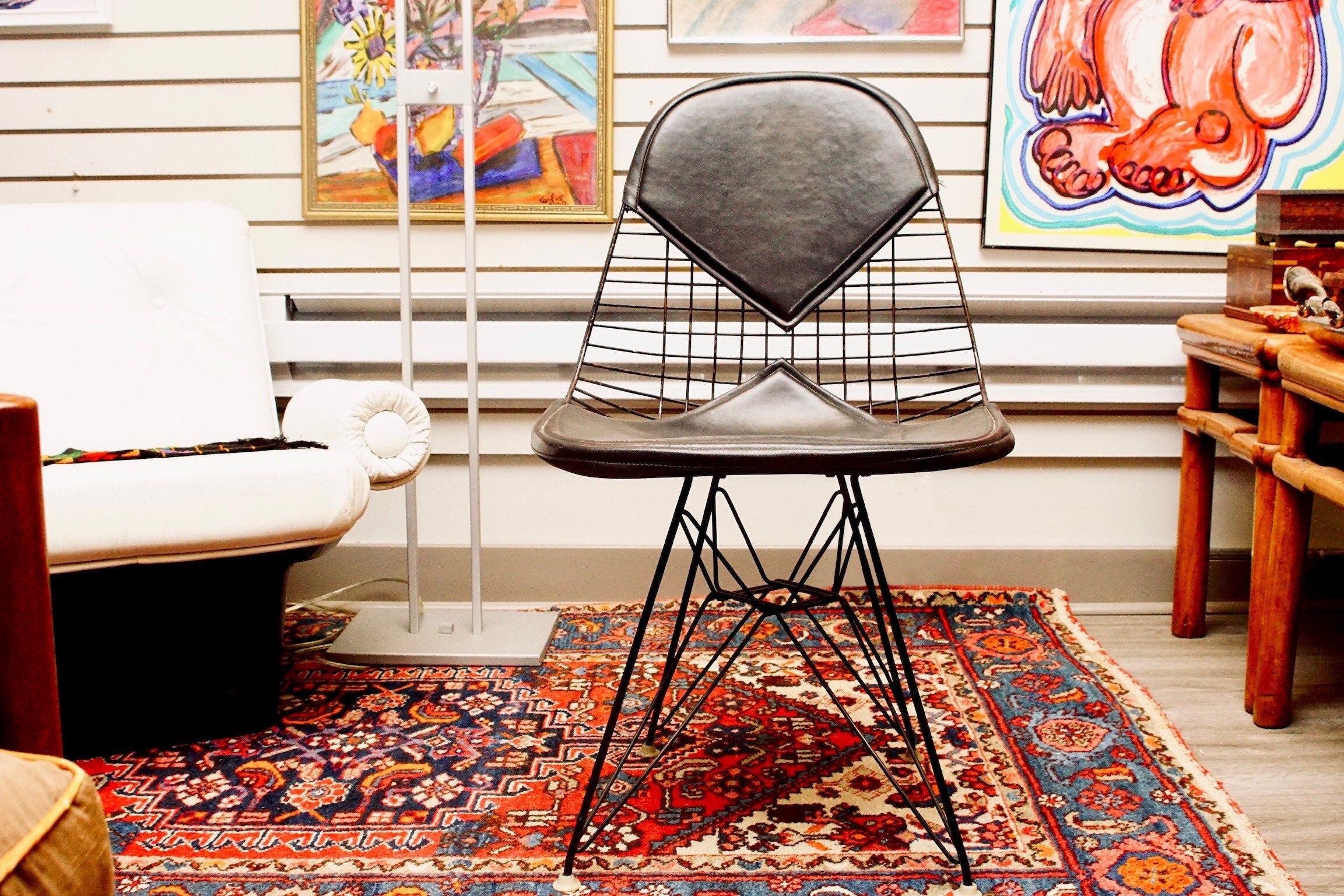 Vintage 1960's Herman Miller Eames Original Black Wire & Leather Bikini Chair DKR-2, Eiffel Base, Mid-Century Modern Accent Furniture, 32" H