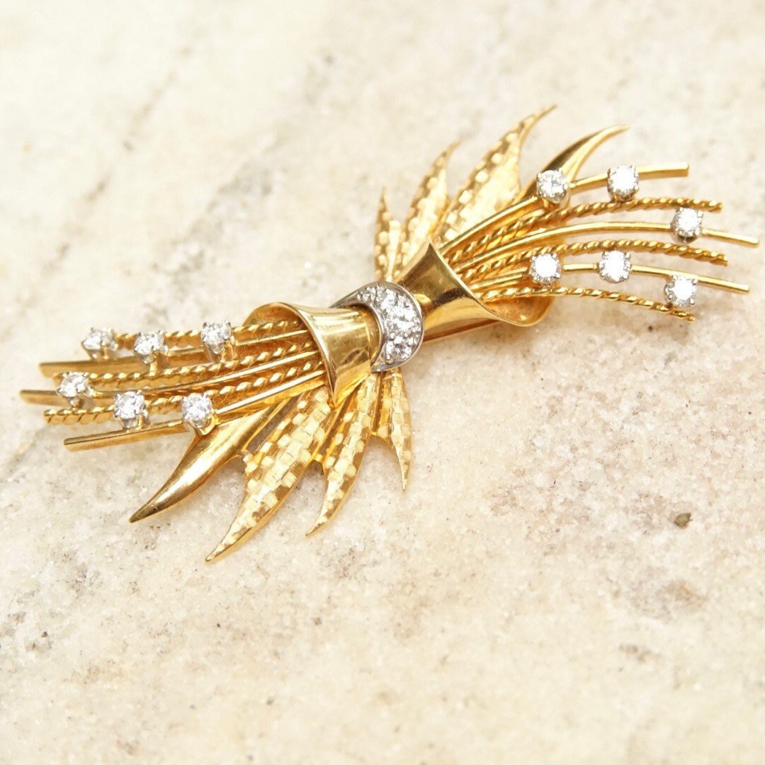 Vintage 18K Gold & Diamond Spray Brooch Pin, 1.5 TWC, Brilliant Cut, Textured Yellow Gold Bow Pin, Diamond Encrusted, Art Deco Jewelry