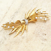 Vintage 18K Gold & Diamond Spray Brooch Pin, 1.5 TWC, Brilliant Cut, Textured Yellow Gold Bow Pin, Diamond Encrusted, Art Deco Jewelry