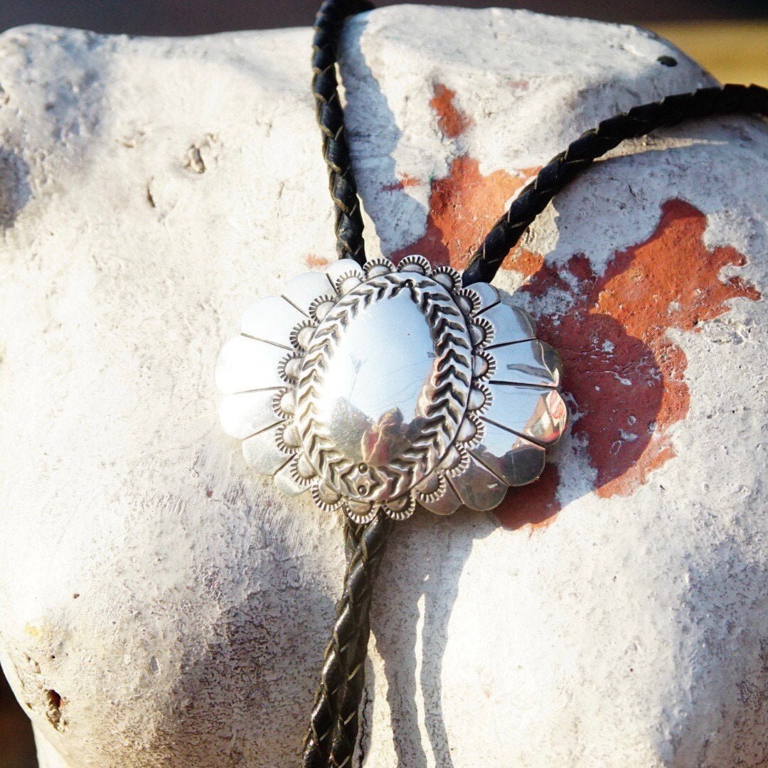 Vintage 1989 Signed Navajo Concho Bolo Tie, Hammered Silver Slide Clasp, Braided Black Leather, Silver Aglets, Native American Old Pawn