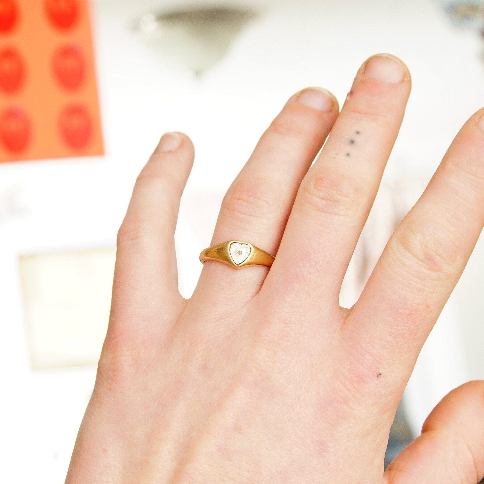 Vintage 18KGE Two-Tone Heart Ring, White-Gold Diamond-Cut Heart Inlay, Yellow Gold Band, Victorian Style, Illusions Setting, Size 8 3/4 US