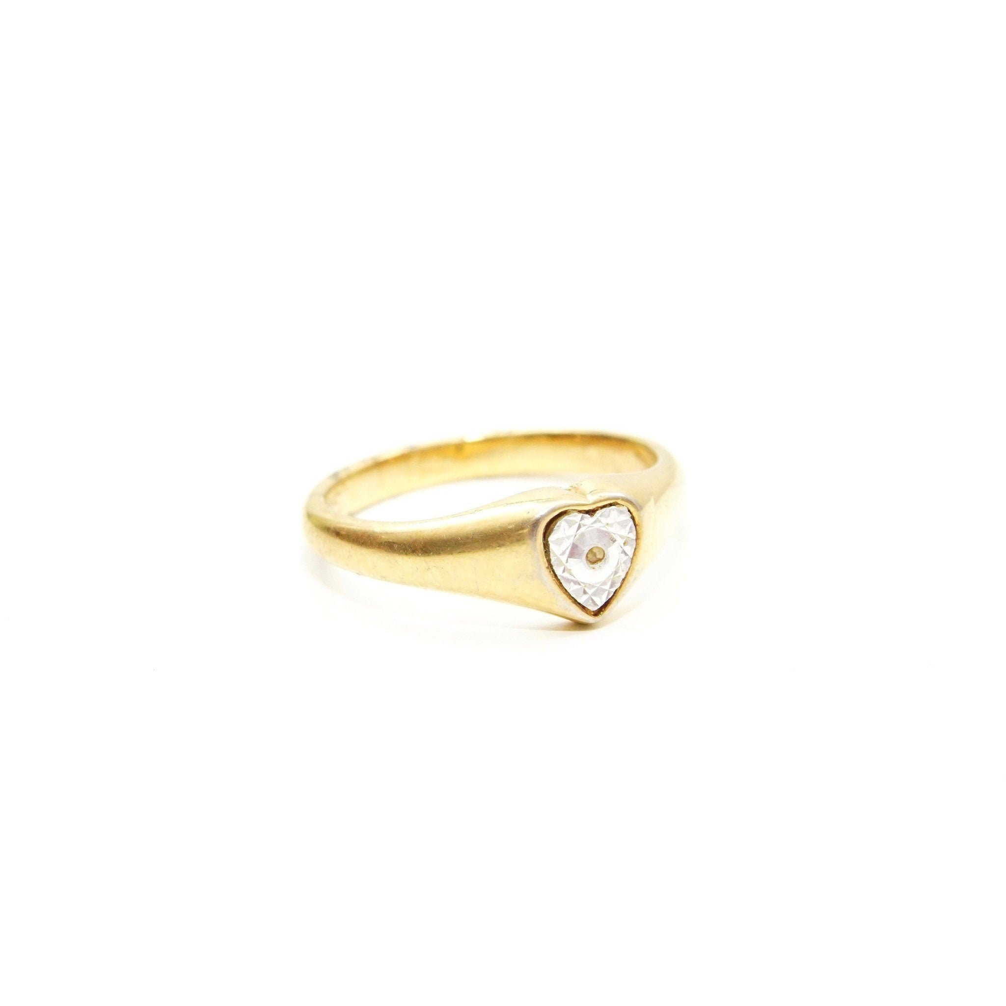 Vintage 18KGE Two-Tone Heart Ring, White-Gold Diamond-Cut Heart Inlay, Yellow Gold Band, Victorian Style, Illusions Setting, Size 8 3/4 US