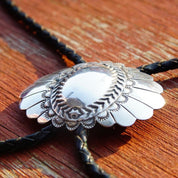 Vintage 1989 Signed Navajo Concho Bolo Tie, Hammered Silver Slide Clasp, Braided Black Leather, Silver Aglets, Native American Old Pawn