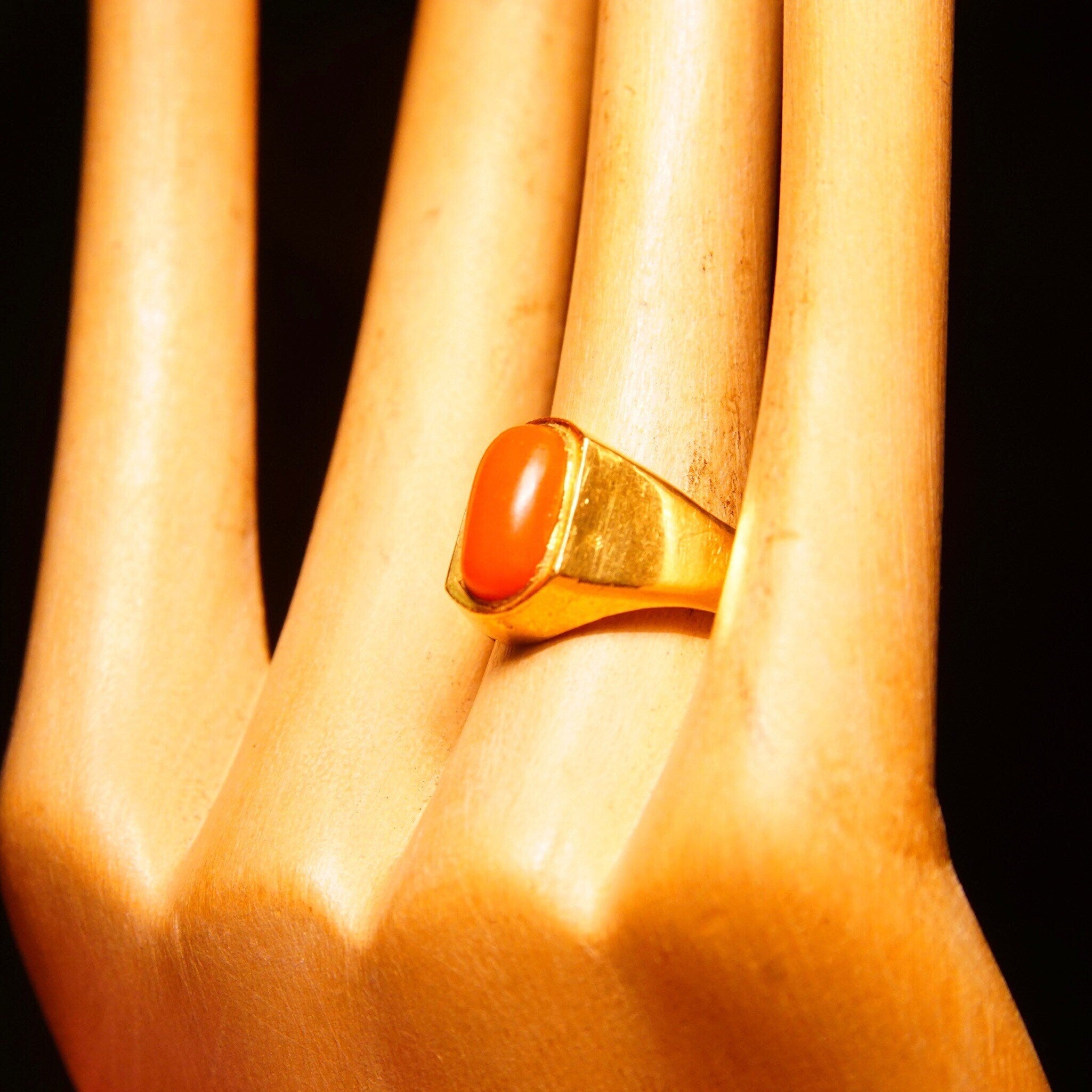Vintage 22KT Gold Coral Cabochon Signet Ring, Lustrous Yellow Gold Ring, Polished Red Coral Stone, Handmade Indian Jewelry, Size 5 1/4 US