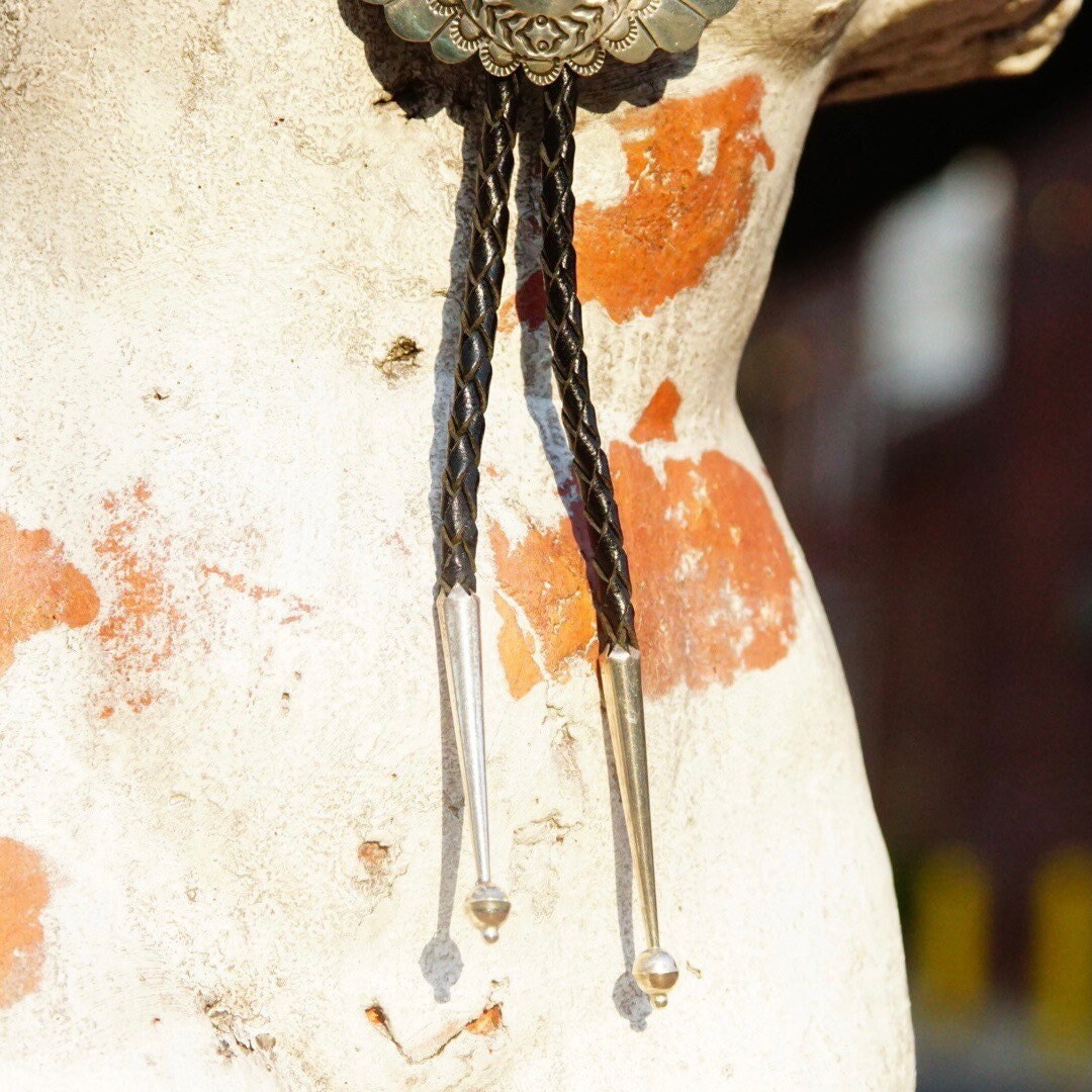 Vintage 1989 Signed Navajo Concho Bolo Tie, Hammered Silver Slide Clasp, Braided Black Leather, Silver Aglets, Native American Old Pawn