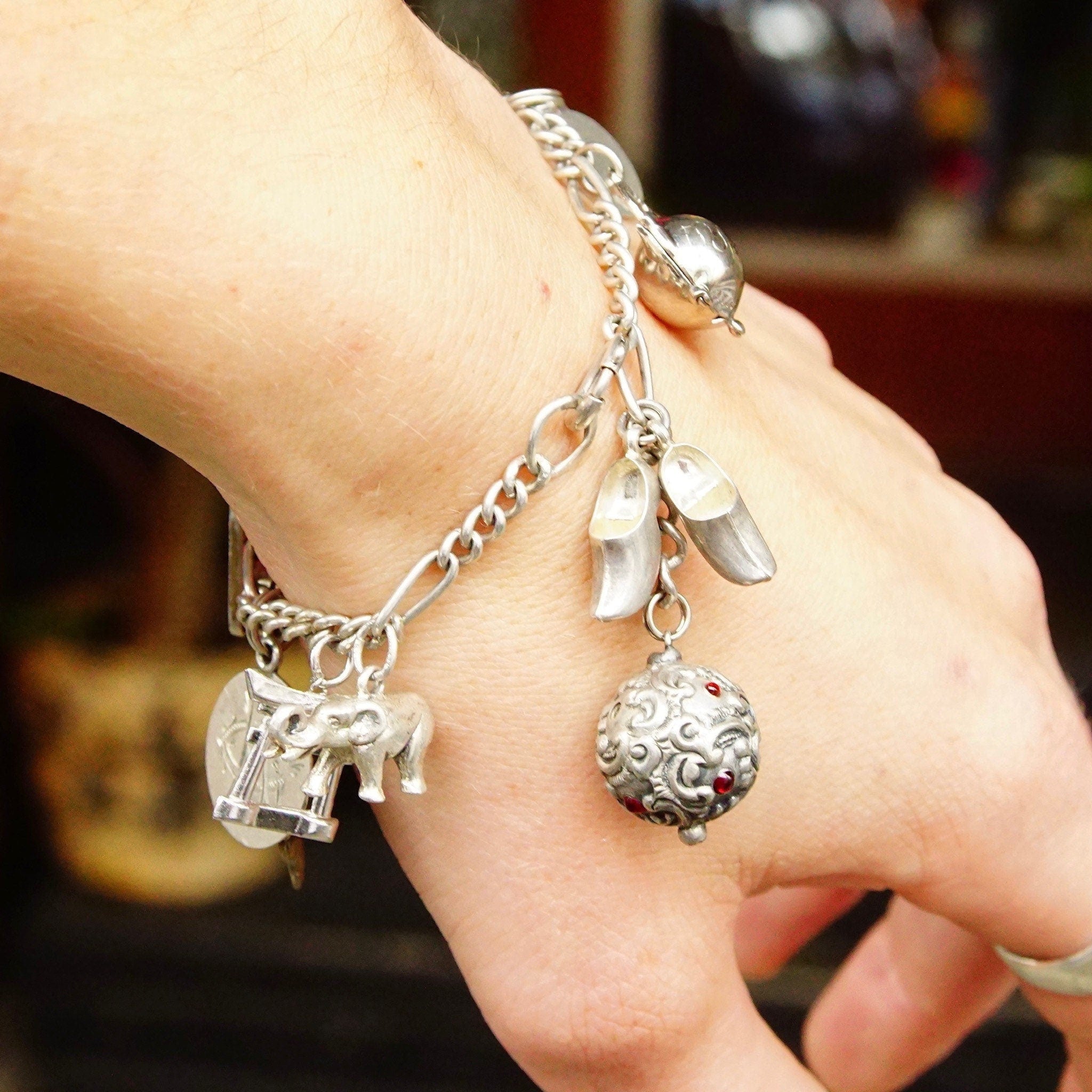Vintage 900 Silver Charm Bracelet, Eclectic Mix Of Sterling Silver Charms, 4mm Figaro Chain Bracelet, Accent Blue Enamel Charm, 7 L