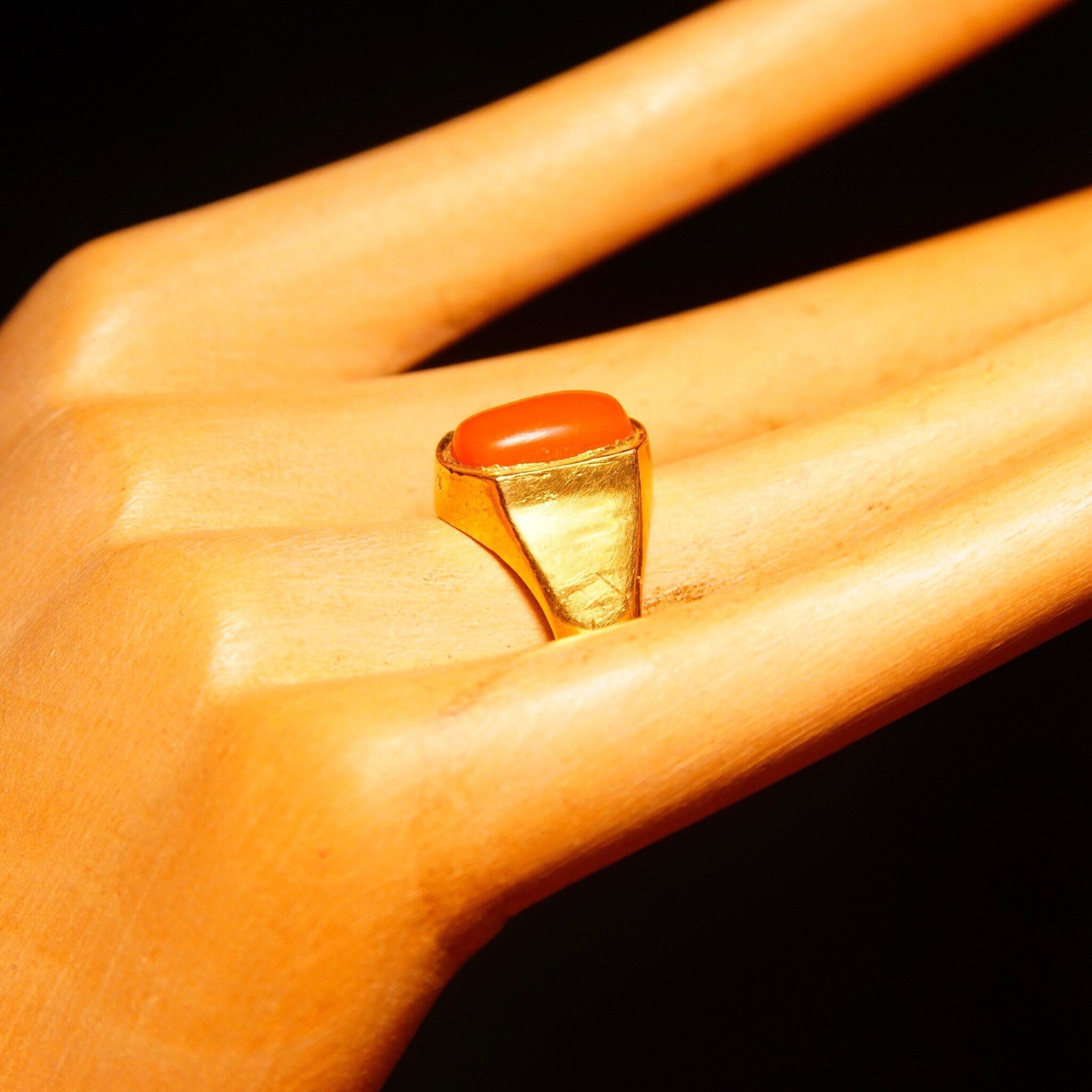 Vintage 22KT Gold Coral Cabochon Signet Ring, Lustrous Yellow Gold Ring, Polished Red Coral Stone, Handmade Indian Jewelry, Size 5 1/4 US