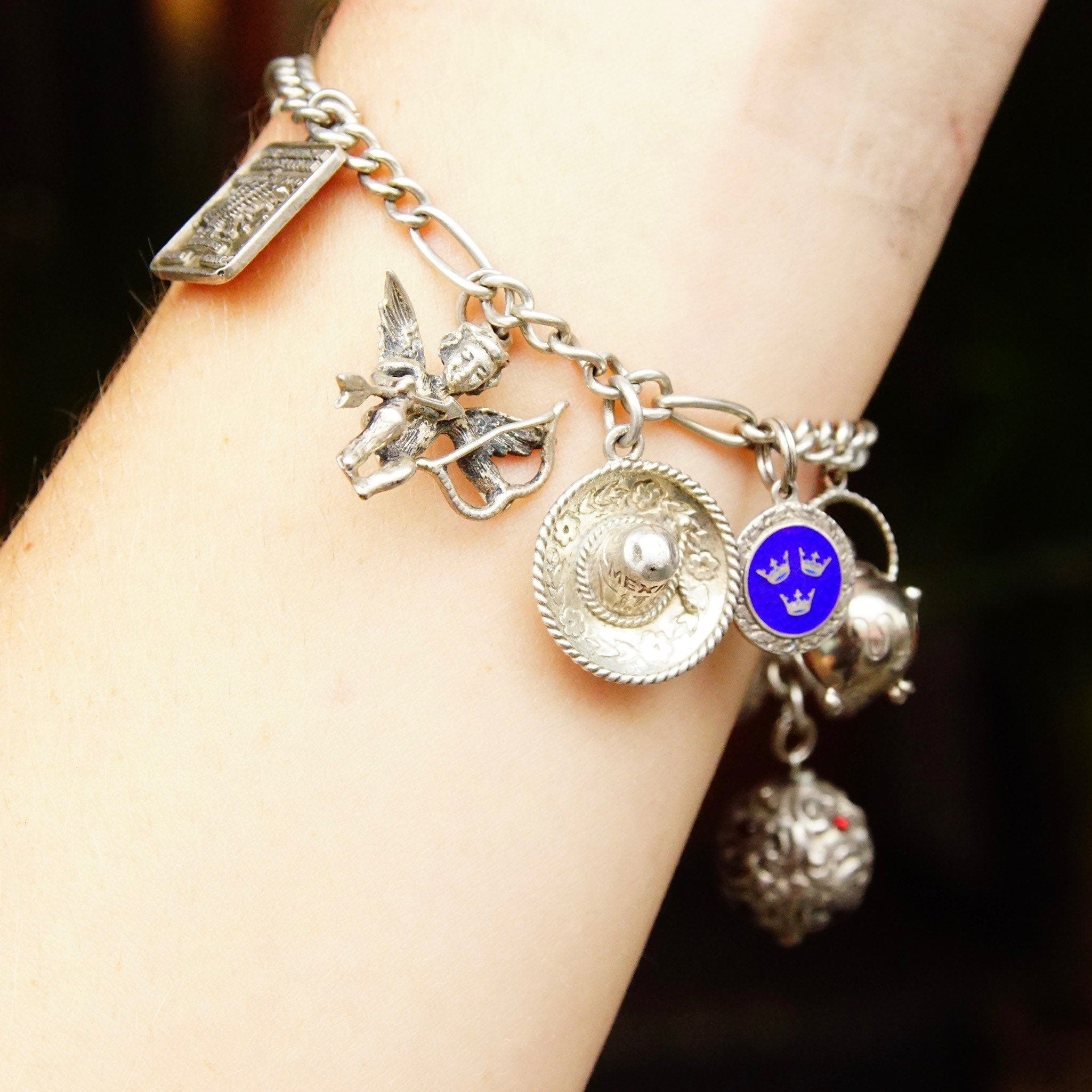 Vintage 900 Silver Charm Bracelet, Eclectic Mix Of Sterling Silver Charms, 4mm Figaro Chain Bracelet, Accent Blue Enamel Charm, 7 L