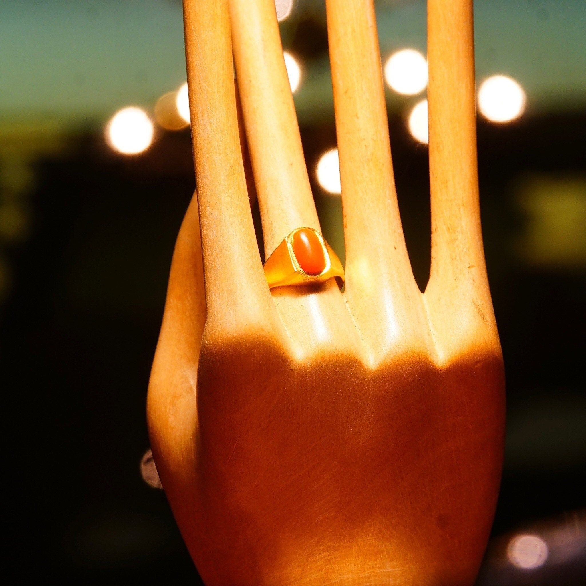 Vintage 22KT Gold Coral Cabochon Signet Ring, Lustrous Yellow Gold Ring, Polished Red Coral Stone, Handmade Indian Jewelry, Size 5 1/4 US