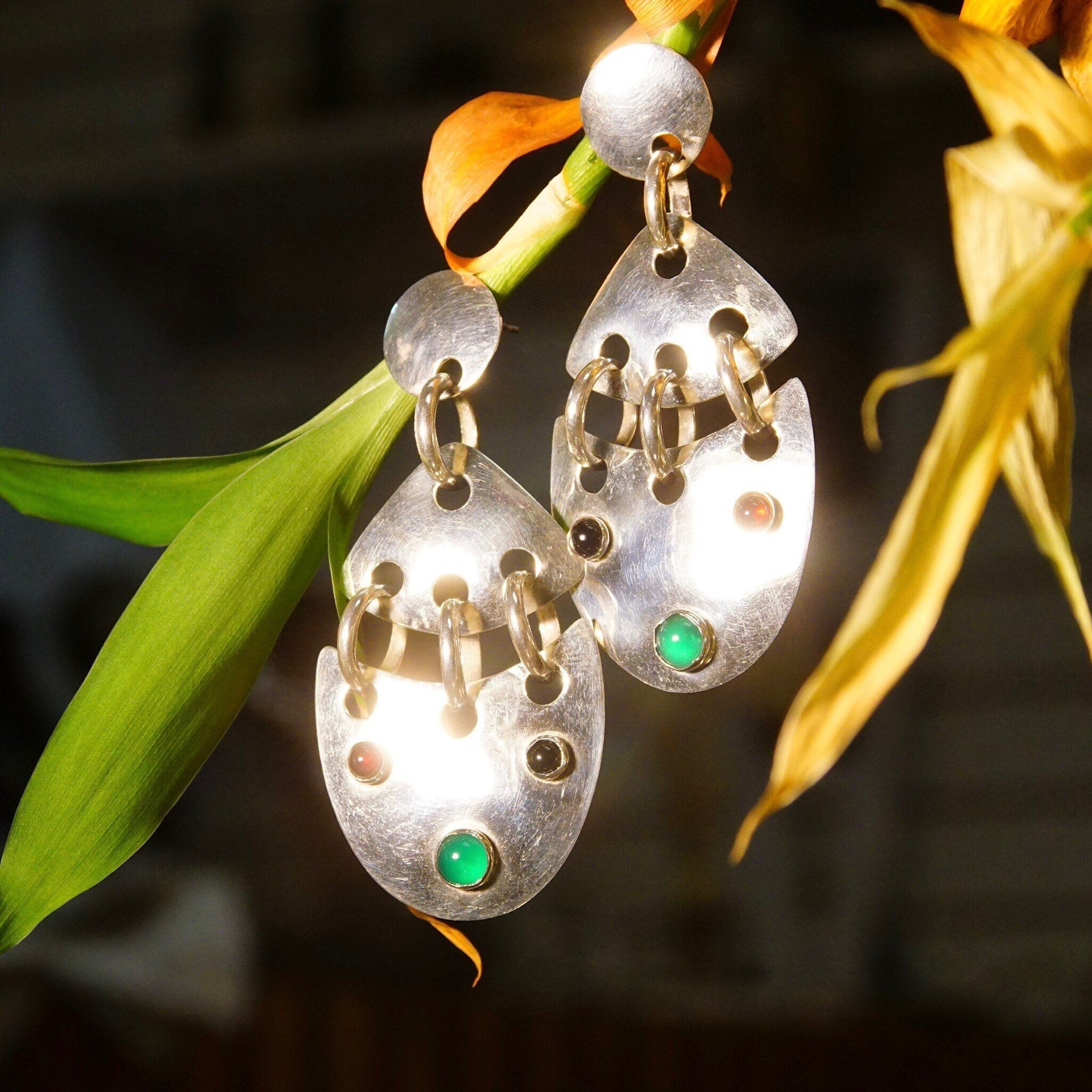 Vintage Abstract Modernist Jeweled Sterling Silver Pierced Dangle Earrings, Multi-Color Gemstones, Eccentric 925 Jewelry, 2 3/4 L