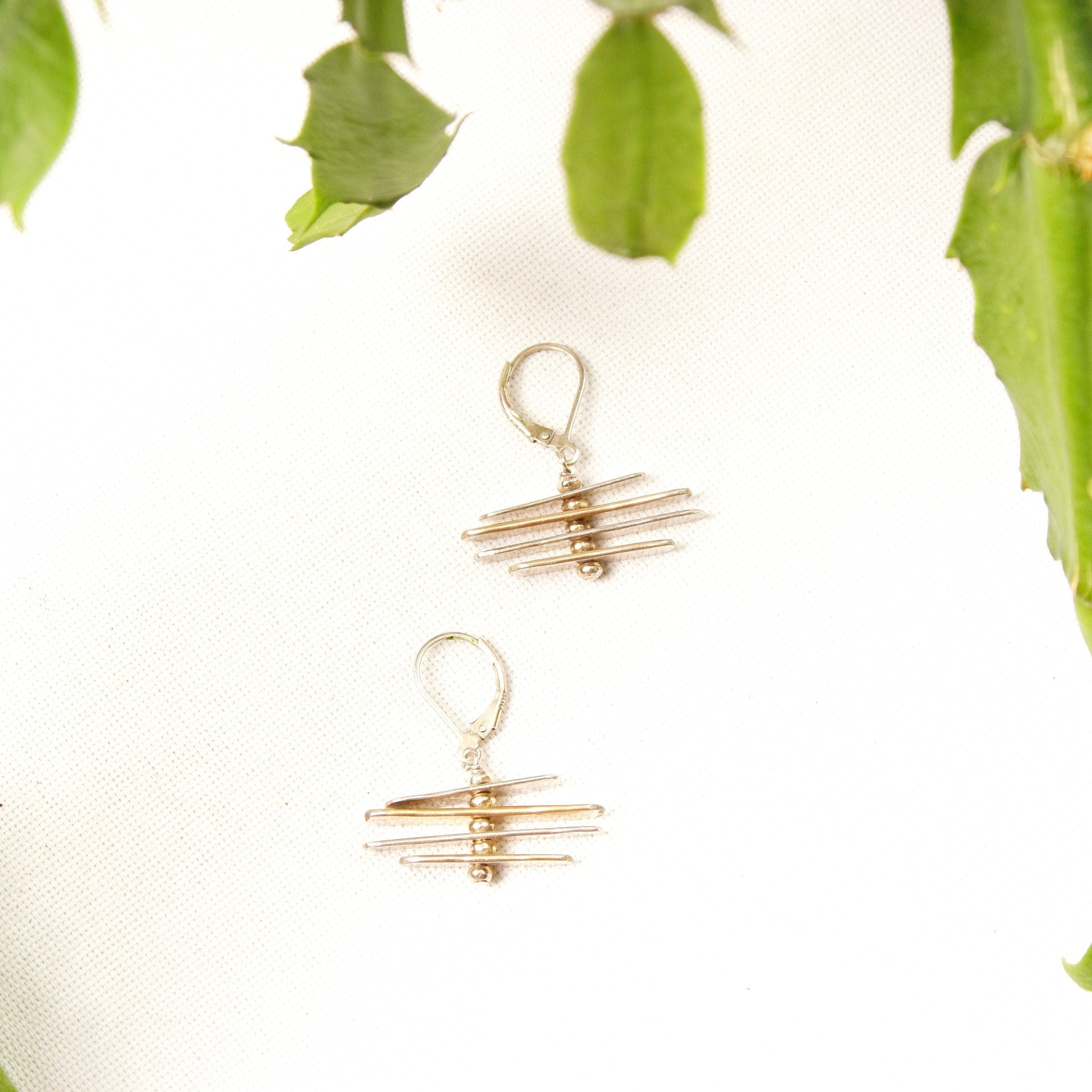 Vintage Abstract Modernist Sterling Silver Silver Silver Dangle Earrings, Threaded Silver Fish Hook Earrings, Spinning/Movable, 1 3/8" L