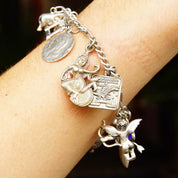 Vintage 900 Silver Charm Bracelet, Eclectic Mix Of Sterling Silver Charms, 4mm Figaro Chain Bracelet, Accent Blue Enamel Charm, 7 L