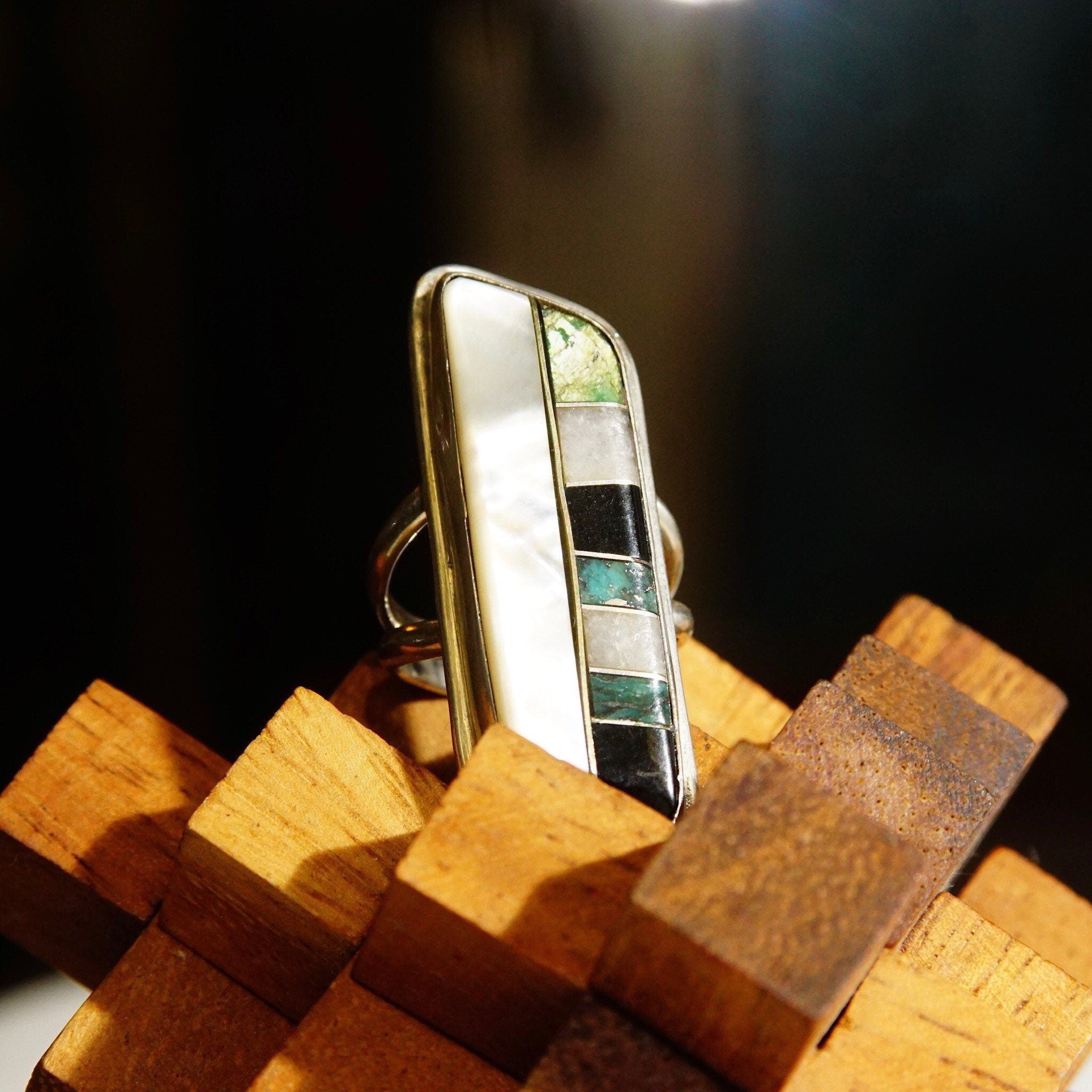 Vintage Abstract Modernist Sterling Silver Multi-Stone Inlay Ring, Long Finger Ring, Mother Of Pearl, Iridescent Gemstones, Size 6 1/2 US