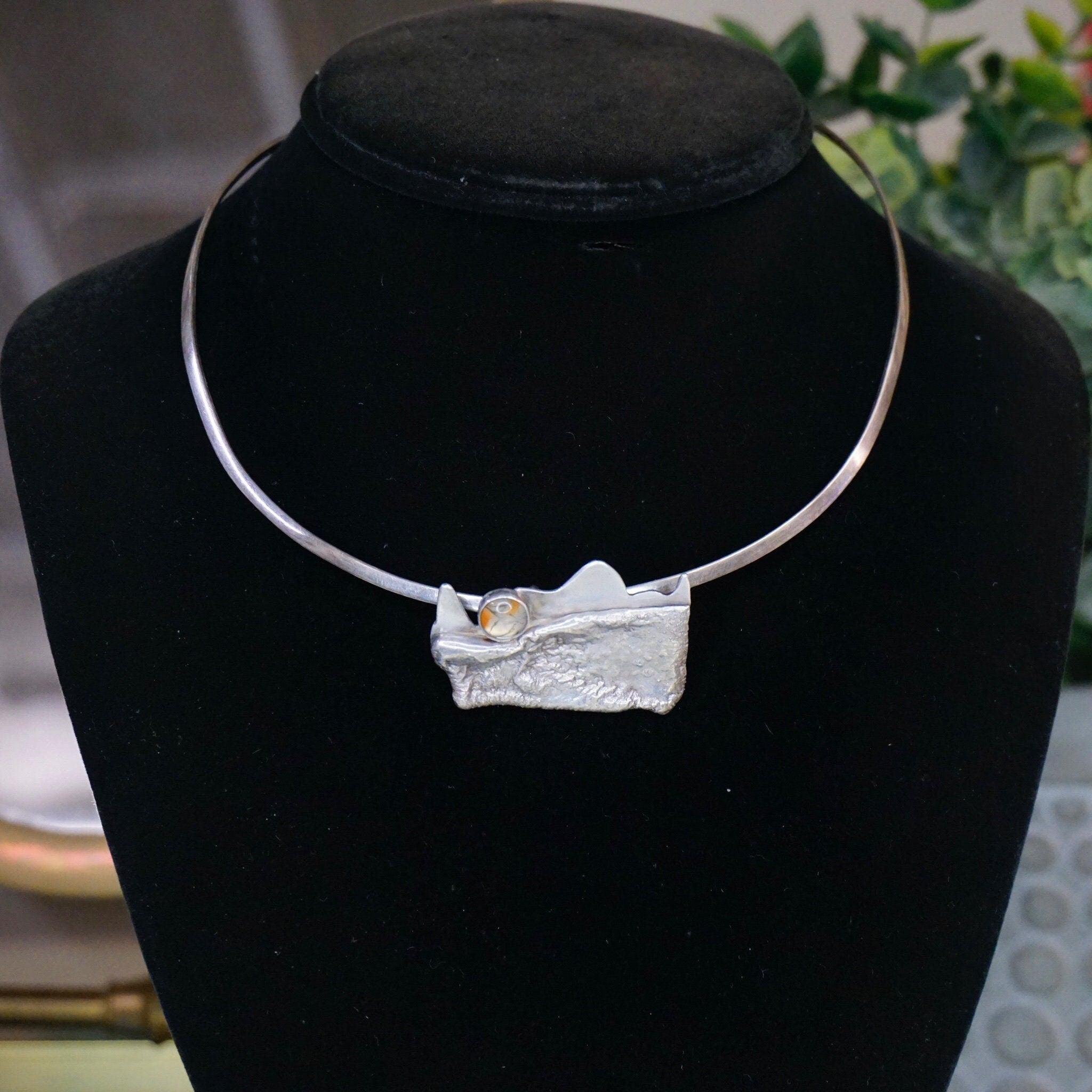 Glass, Silver Collar With Unique Pendant, 925