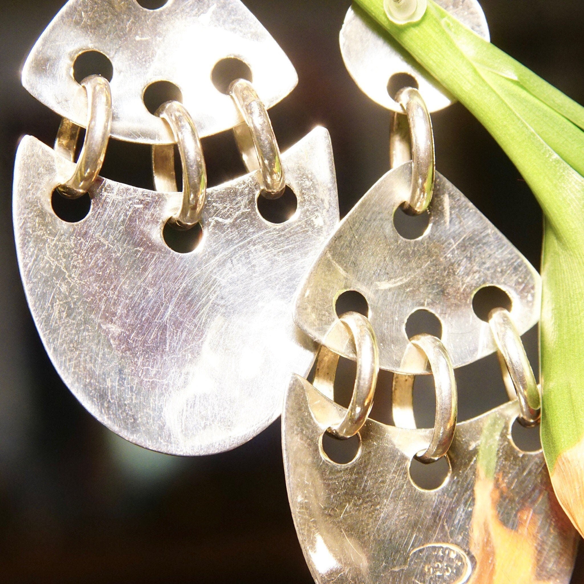 Vintage Abstract Modernist Jeweled Sterling Silver Pierced Dangle Earrings, Multi-Color Gemstones, Eccentric 925 Jewelry, 2 3/4 L