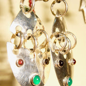 Vintage Abstract Modernist Jeweled Sterling Silver Pierced Dangle Earrings, Multi-Color Gemstones, Eccentric 925 Jewelry, 2 3/4 L