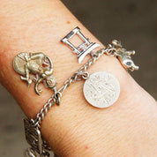Vintage 900 Silver Charm Bracelet, Eclectic Mix Of Sterling Silver Charms, 4mm Figaro Chain Bracelet, Accent Blue Enamel Charm, 7 L