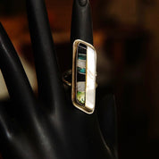 Vintage Abstract Modernist Sterling Silver Multi-Stone Inlay Ring, Long Finger Ring, Mother Of Pearl, Iridescent Gemstones, Size 6 1/2 US