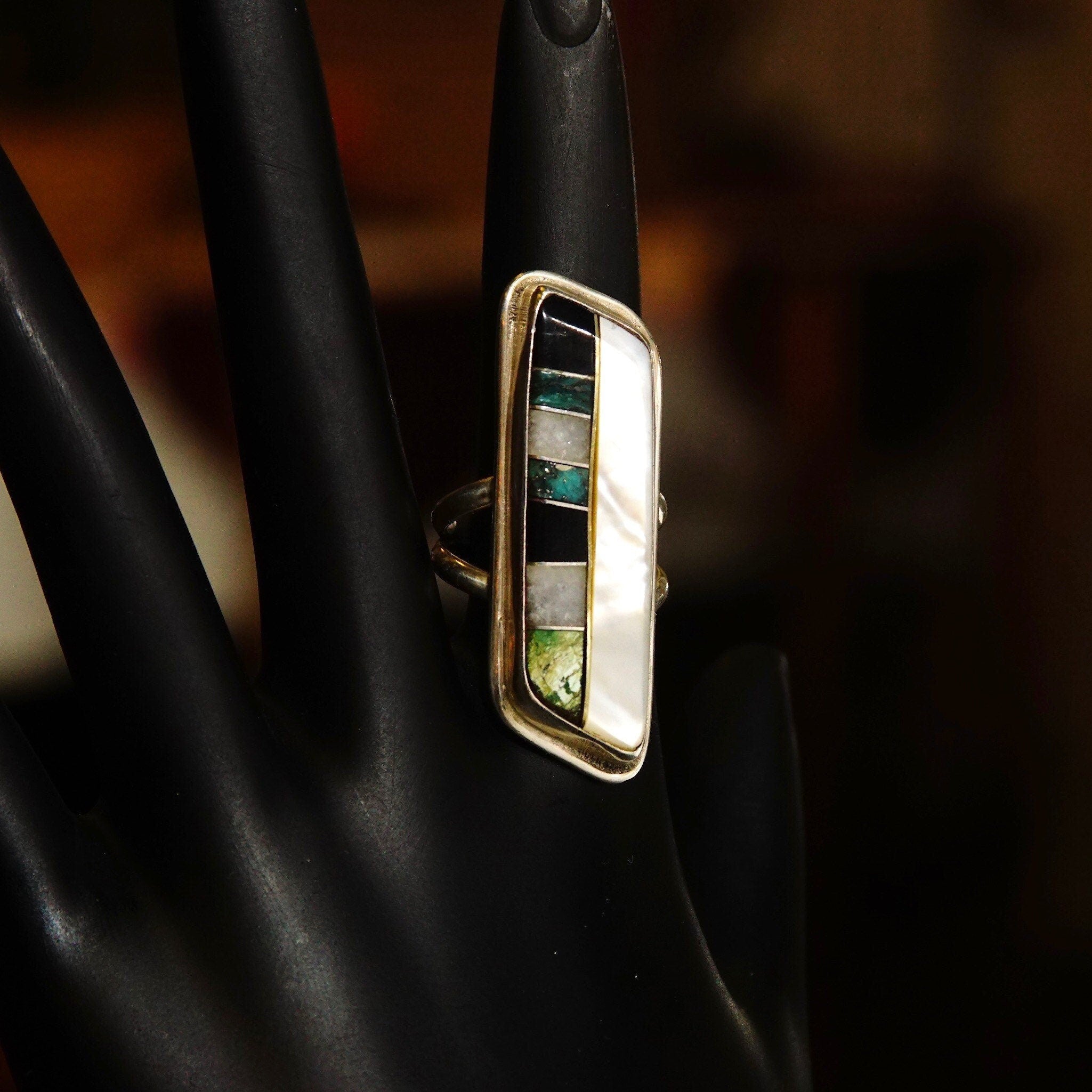 Vintage Abstract Modernist Sterling Silver Multi-Stone Inlay Ring, Long Finger Ring, Mother Of Pearl, Iridescent Gemstones, Size 6 1/2 US