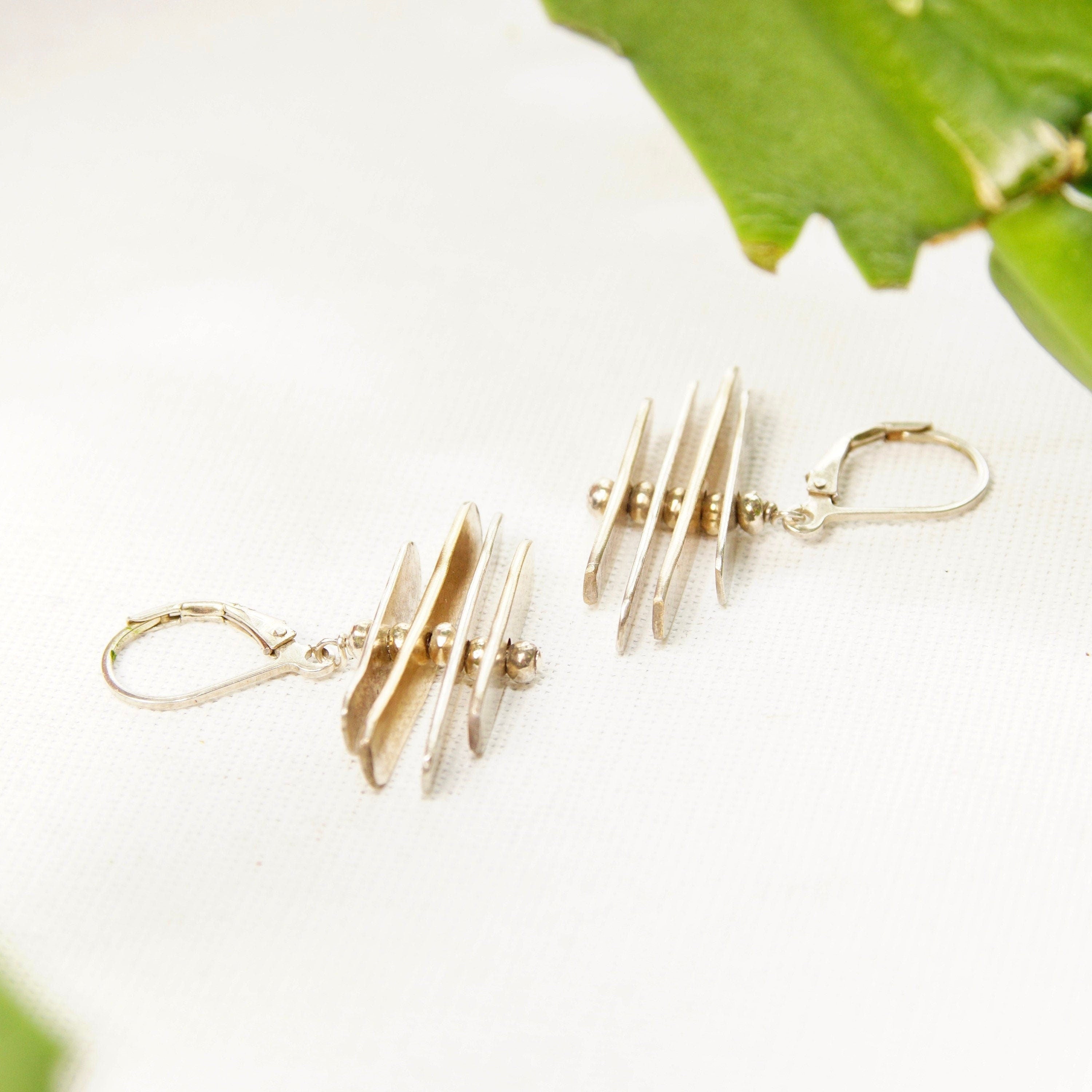 Vintage Abstract Modernist Sterling Silver Silver Silver Dangle Earrings, Threaded Silver Fish Hook Earrings, Spinning/Movable, 1 3/8" L