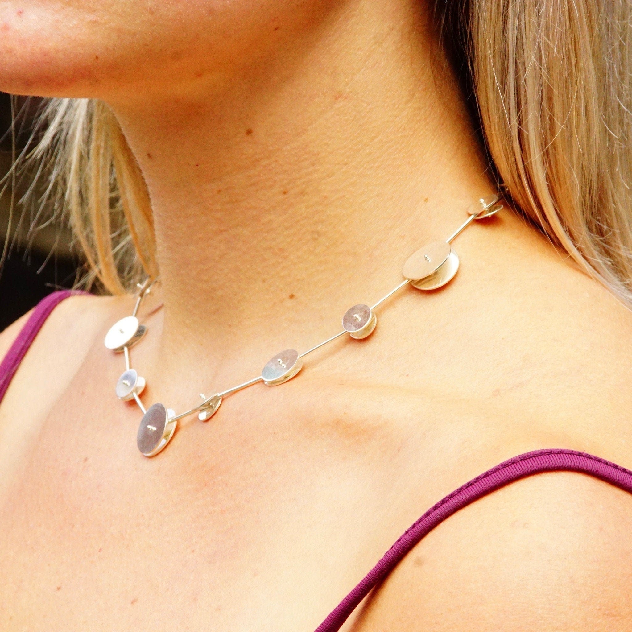Vintage Abstract Modernist Sterling Silver Articulated Disc Choker Necklace, One Of One, Experimental Jewelry, Nina Dinoff, 17" Long