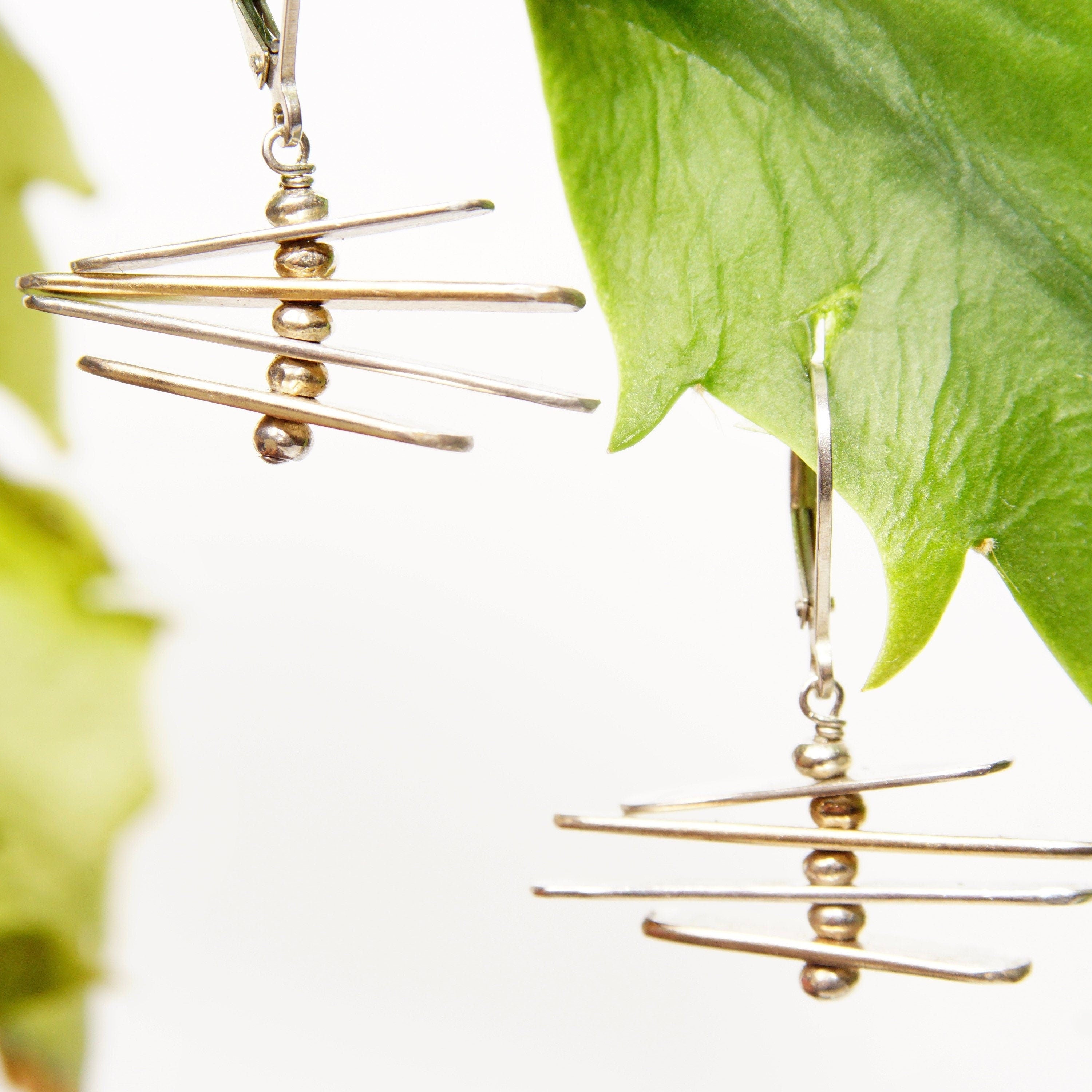 Vintage Abstract Modernist Sterling Silver Silver Silver Dangle Earrings, Threaded Silver Fish Hook Earrings, Spinning/Movable, 1 3/8" L
