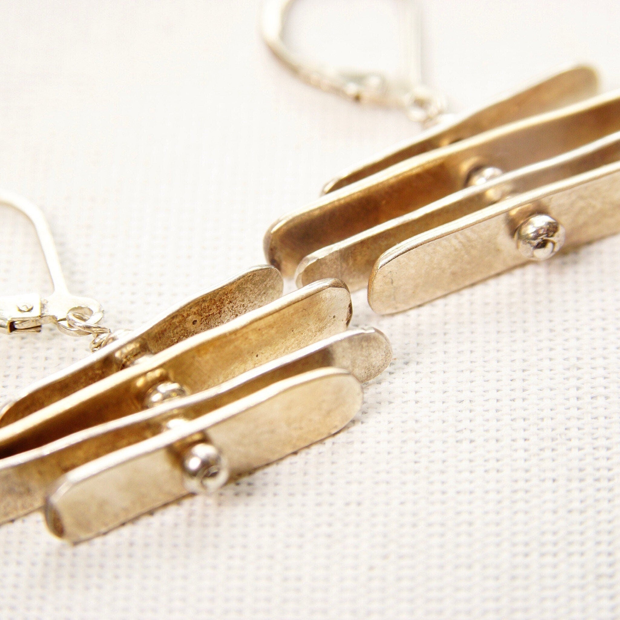 Vintage Abstract Modernist Sterling Silver Silver Silver Dangle Earrings, Threaded Silver Fish Hook Earrings, Spinning/Movable, 1 3/8" L