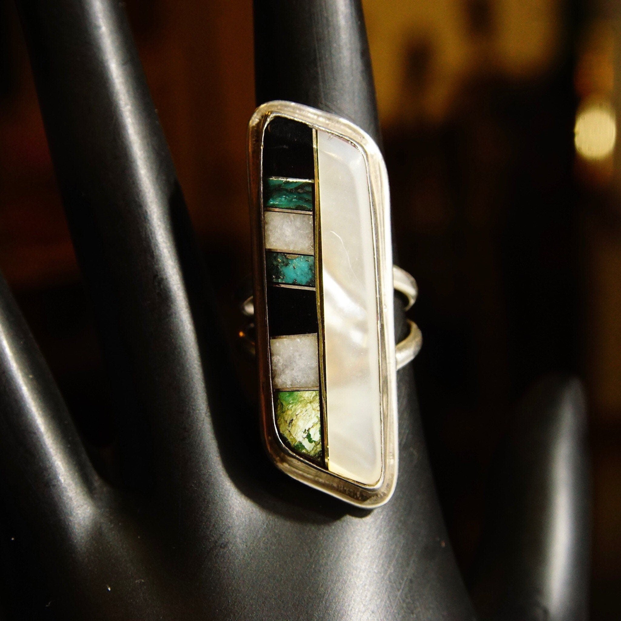 Vintage Abstract Modernist Sterling Silver Multi-Stone Inlay Ring, Long Finger Ring, Mother Of Pearl, Iridescent Gemstones, Size 6 1/2 US