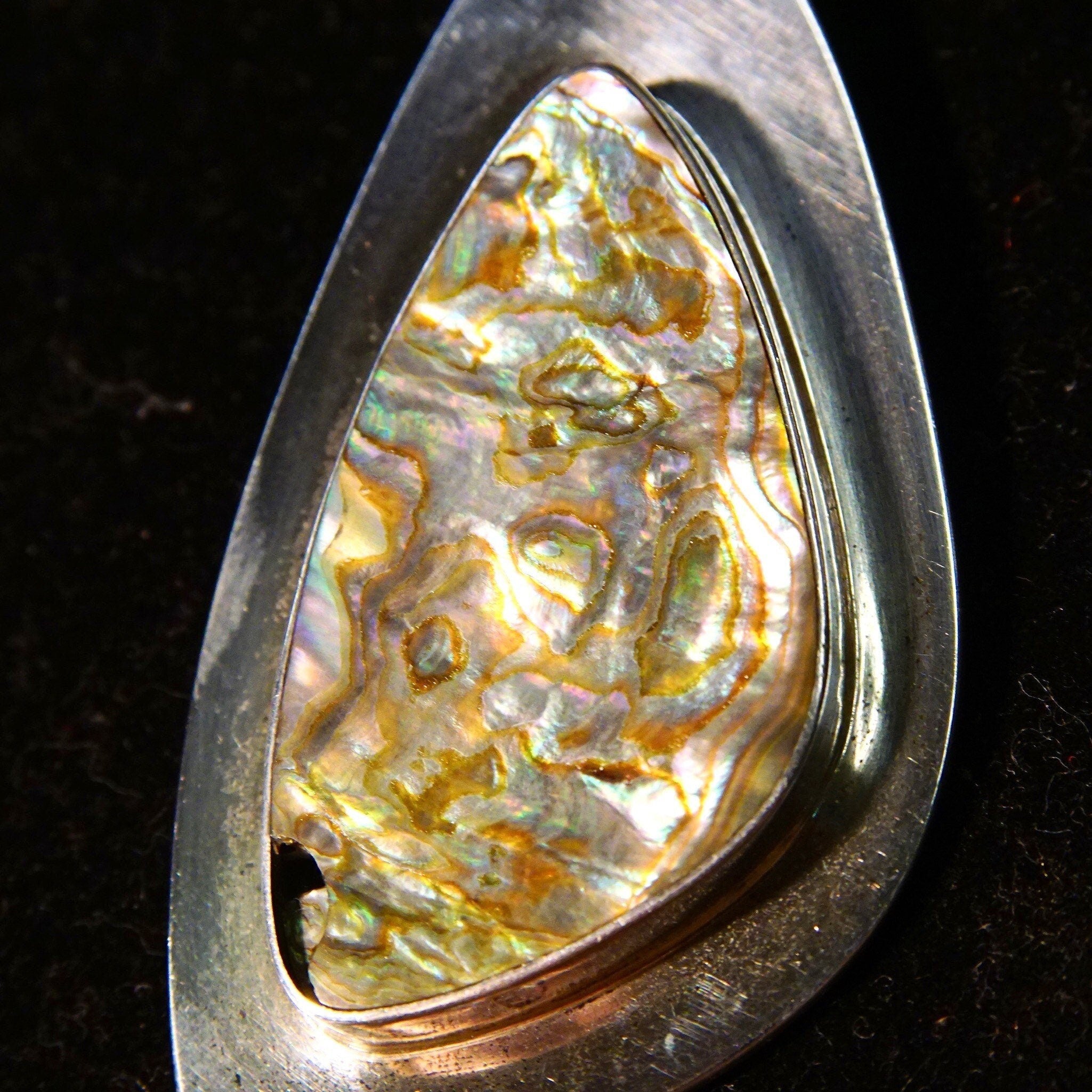 Vintage Arne Johnson 925 Denmark Abalone Shell Pendant Necklace, Abstract Modernist Sterling Silver Pendant, 3mm Cable Chain, 23 3/4" L