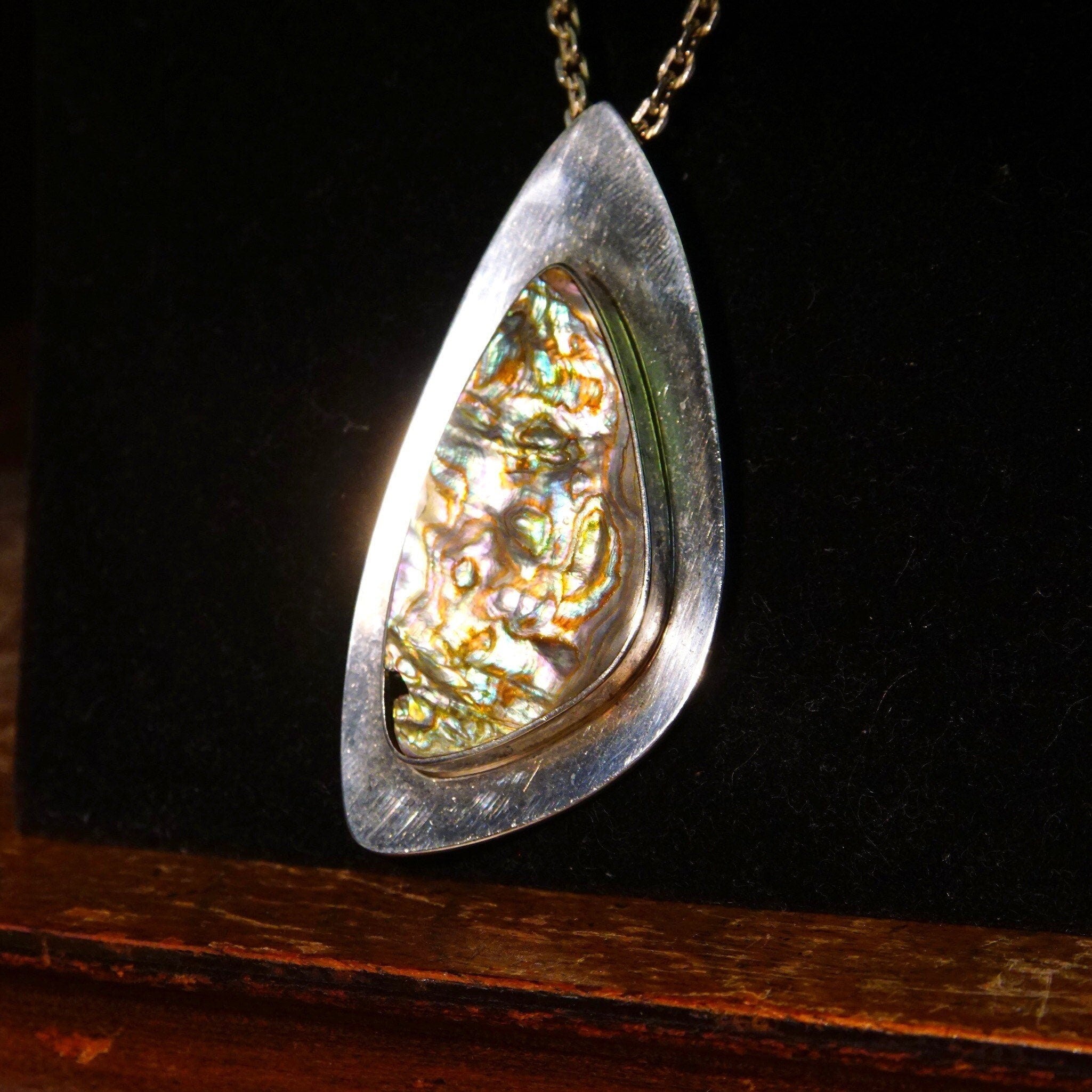 Vintage Arne Johnson 925 Denmark Abalone Shell Pendant Necklace, Abstract Modernist Sterling Silver Pendant, 3mm Cable Chain, 23 3/4" L