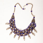 Vintage Bohemian Silver & Blue Glass Bead Bib Necklace, Ornate Silver Links Set With Blue Stone Cabochon, Floral/Woven Accents, 18 1/2" L