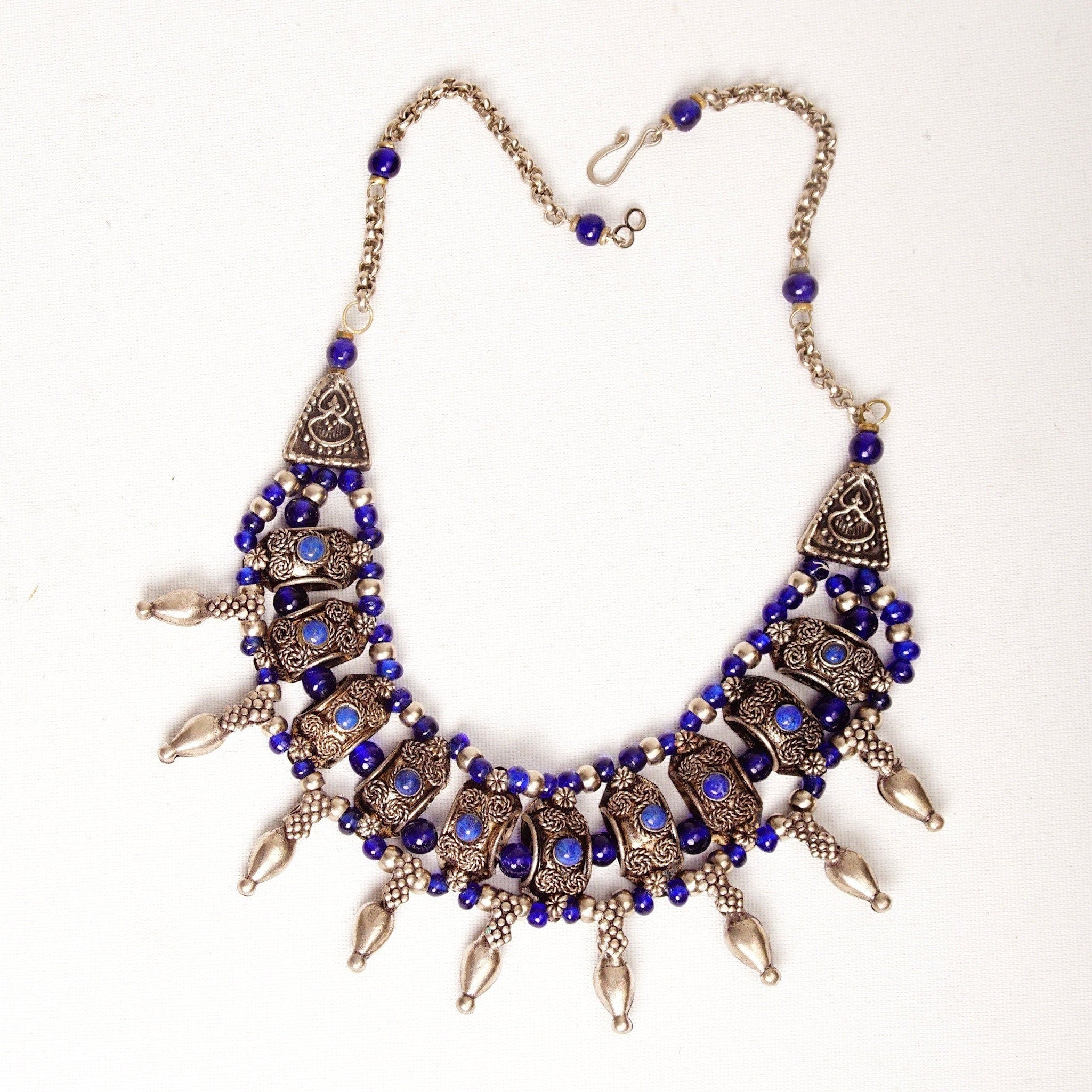 Vintage Bohemian Silver & Blue Glass Bead Bib Necklace, Ornate Silver Links Set With Blue Stone Cabochon, Floral/Woven Accents, 18 1/2" L