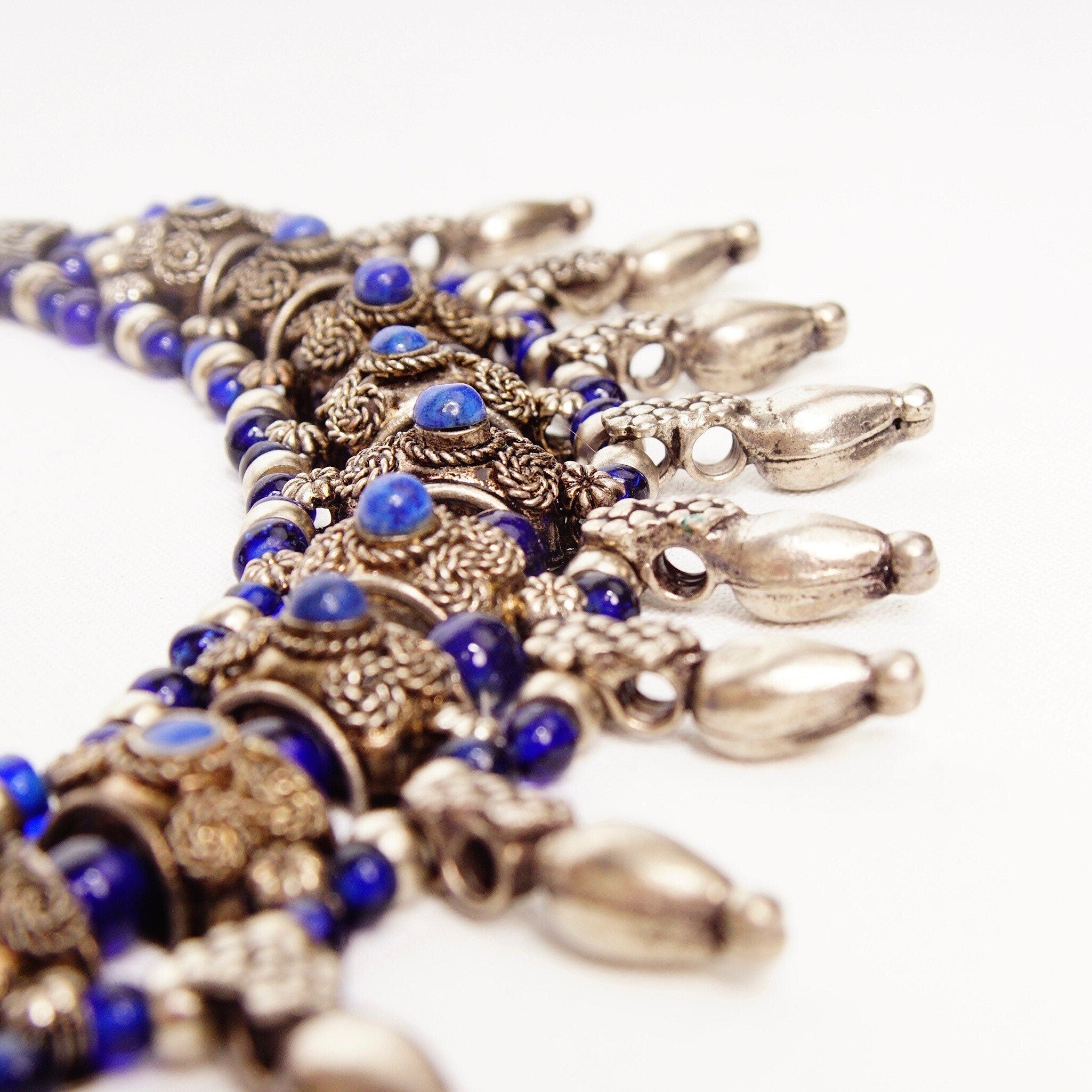 Vintage Bohemian Silver & Blue Glass Bead Bib Necklace, Ornate Silver Links Set With Blue Stone Cabochon, Floral/Woven Accents, 18 1/2" L
