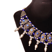 Vintage Bohemian Silver & Blue Glass Bead Bib Necklace, Ornate Silver Links Set With Blue Stone Cabochon, Floral/Woven Accents, 18 1/2" L