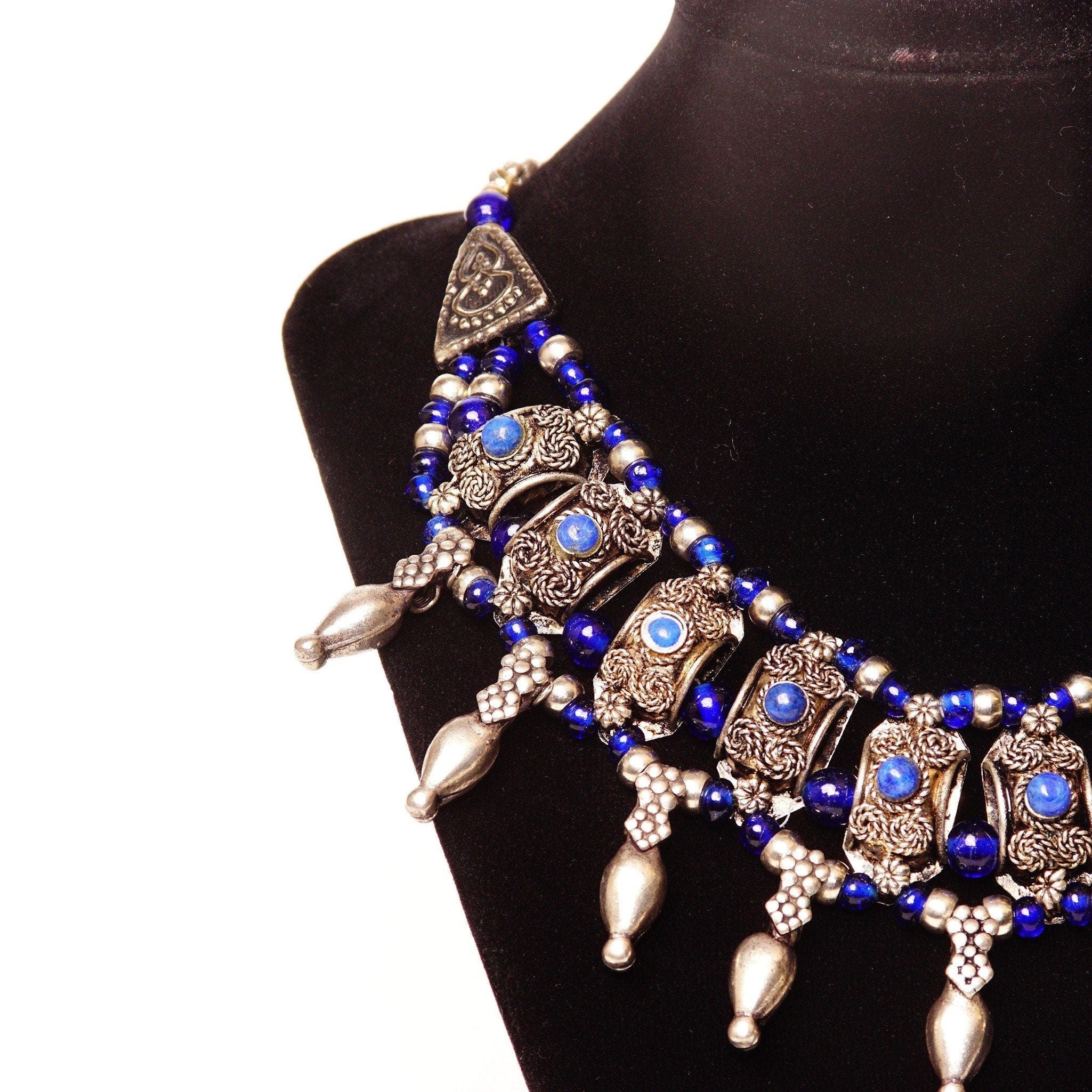 Vintage Bohemian Silver & Blue Glass Bead Bib Necklace, Ornate Silver Links Set With Blue Stone Cabochon, Floral/Woven Accents, 18 1/2" L